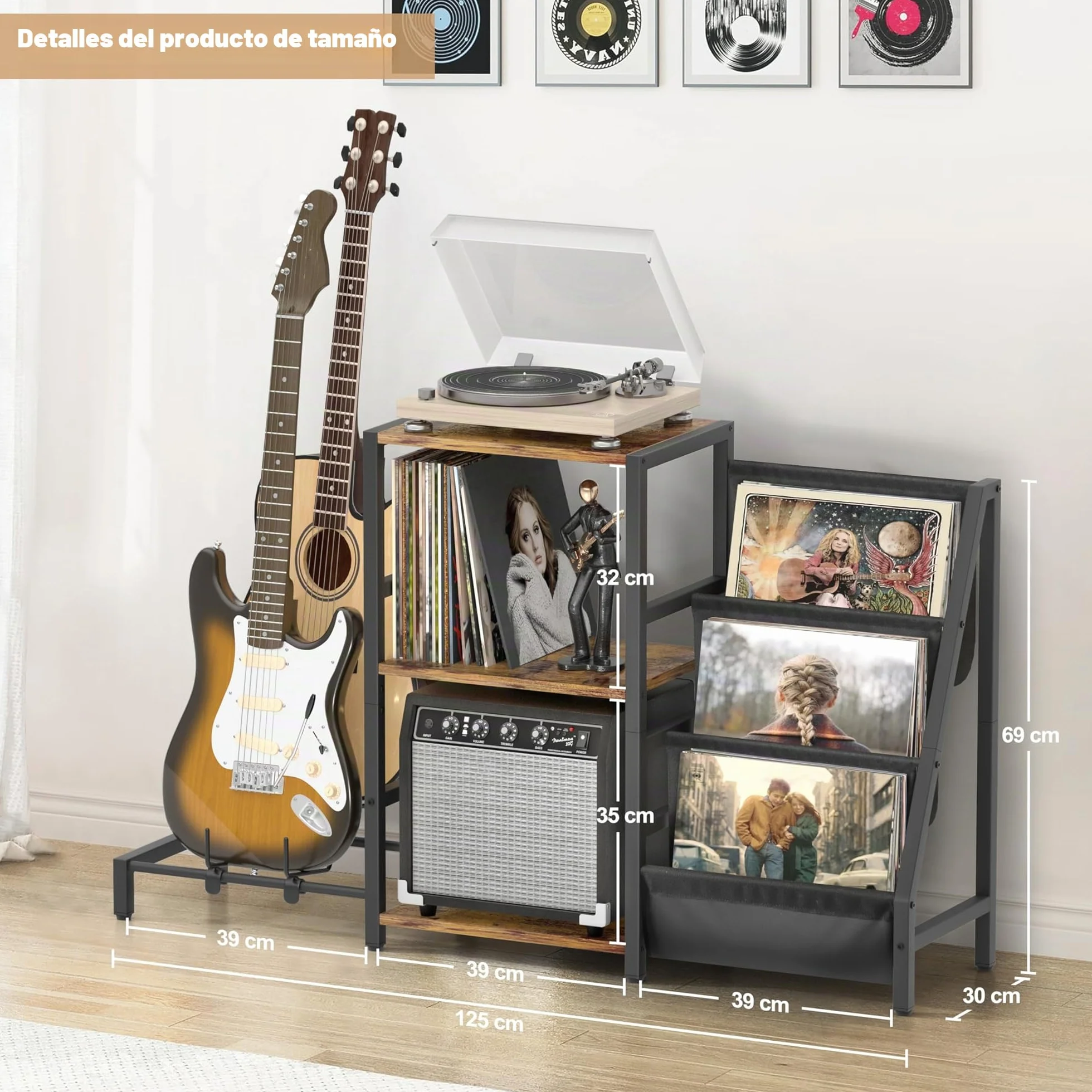 Bikoney Mueble Soporte para Tocadiscos y 200 Vinilos, Soporte de Guitarra Integrado para Eléctrica, Acústica o Bajo, Estante de 3 Niveles para Amplificador y Altavoces, Organizador de Música