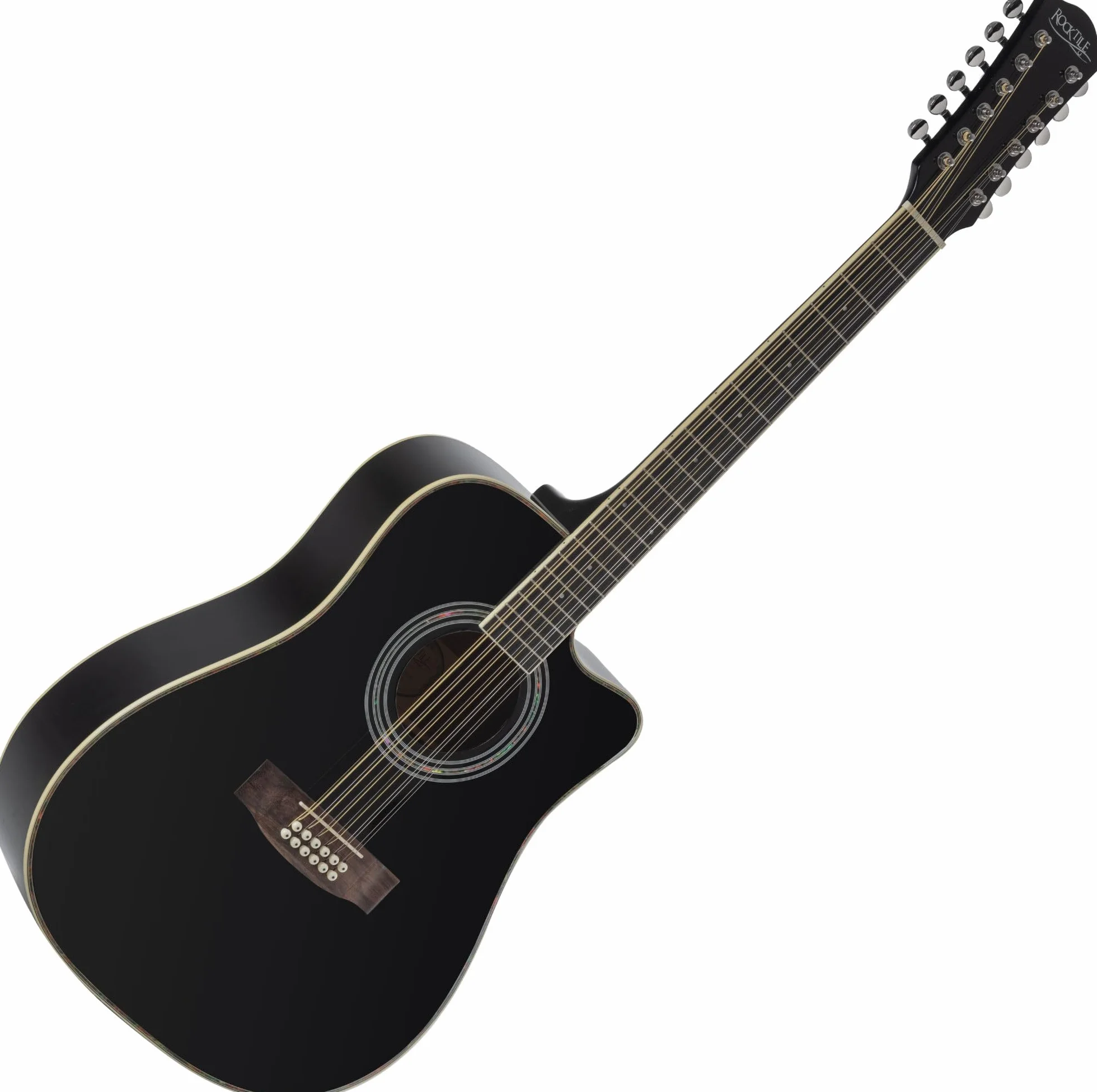 Rocktile WSD12-50C-BK Guitarra Western - Dreadnought De 12 Cuerdas Con Cutaway - Tapa De Abeto Y Cuerpo De Caoba - Diapasón De Palisandro - Acabado Gloss - Negro