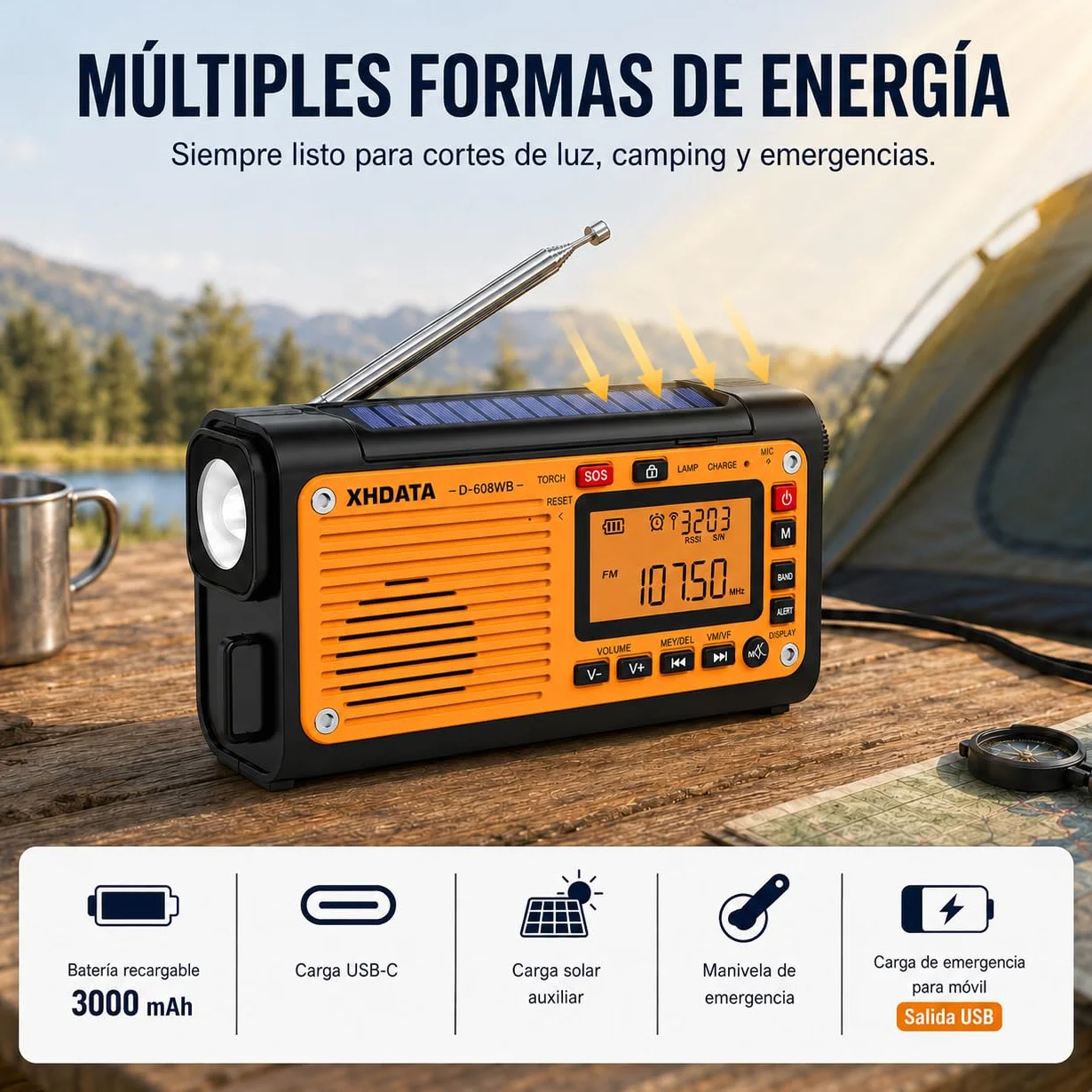 XHDATA D608WB Radio de Emergencia Portátil FM/AM/SW Manivela Solar 3000mAh con Alarma SOS y Bluetooth