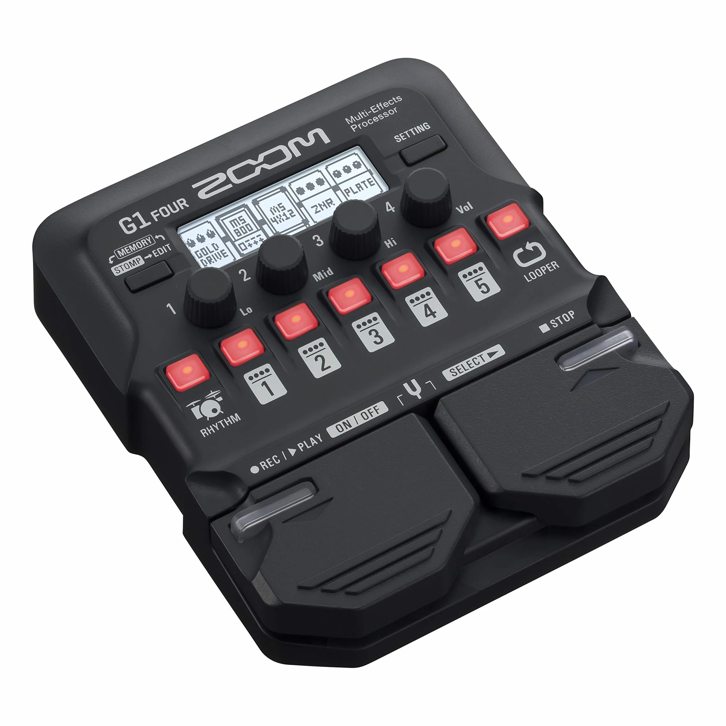 Zoom G1 FOUR Pedal multiefecto para guitarra, con 60+ efectos, modelado de amplificadores, looper, caja de ritmos, afinador, alimentado por pilas