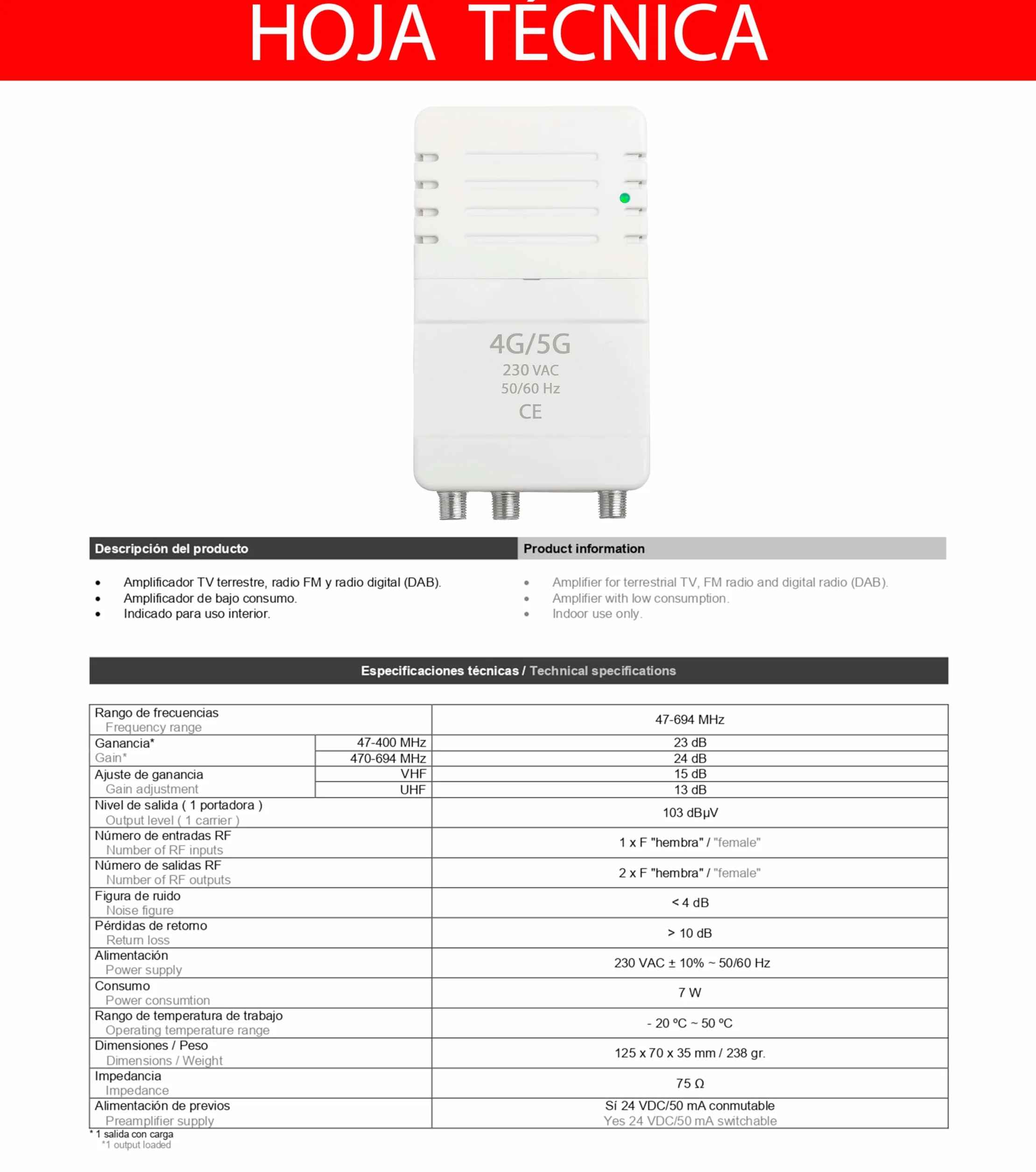 CABLEPELADO - Amplificador Interior de Vivienda UHF/VHF, 12-24db Ajustable, 104dBmV, para Digitale Terrestre DVB-T/T2, con Filtro 5G LTE, 1 Entrada, 2 Salidas