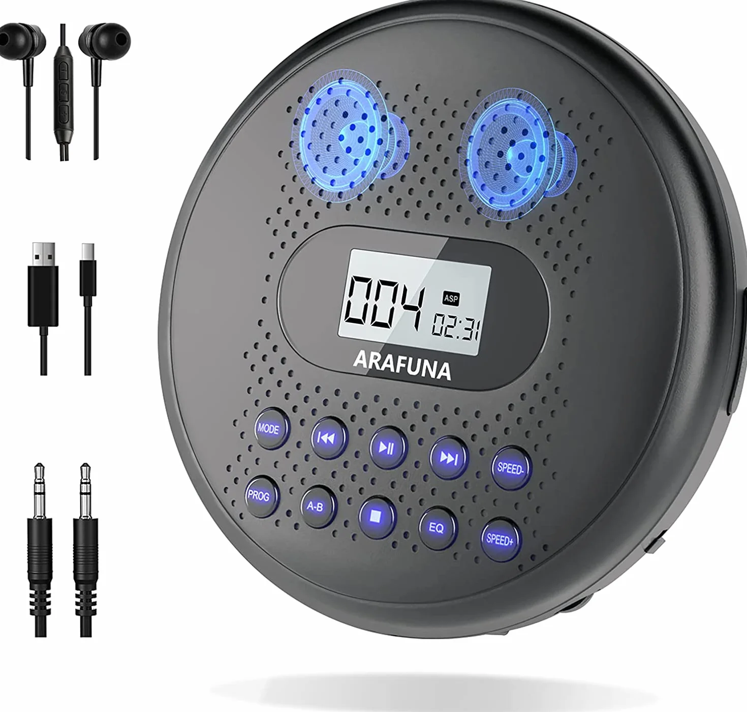 Reproductor de CD portátil, Arafuna Discman CD portátil con Altavoz y batería de Litio de 1400 mAh Incorporada y Auricular Apoyo para Reproducción de Tarjeta TF, CD Player con y Cable AUX
