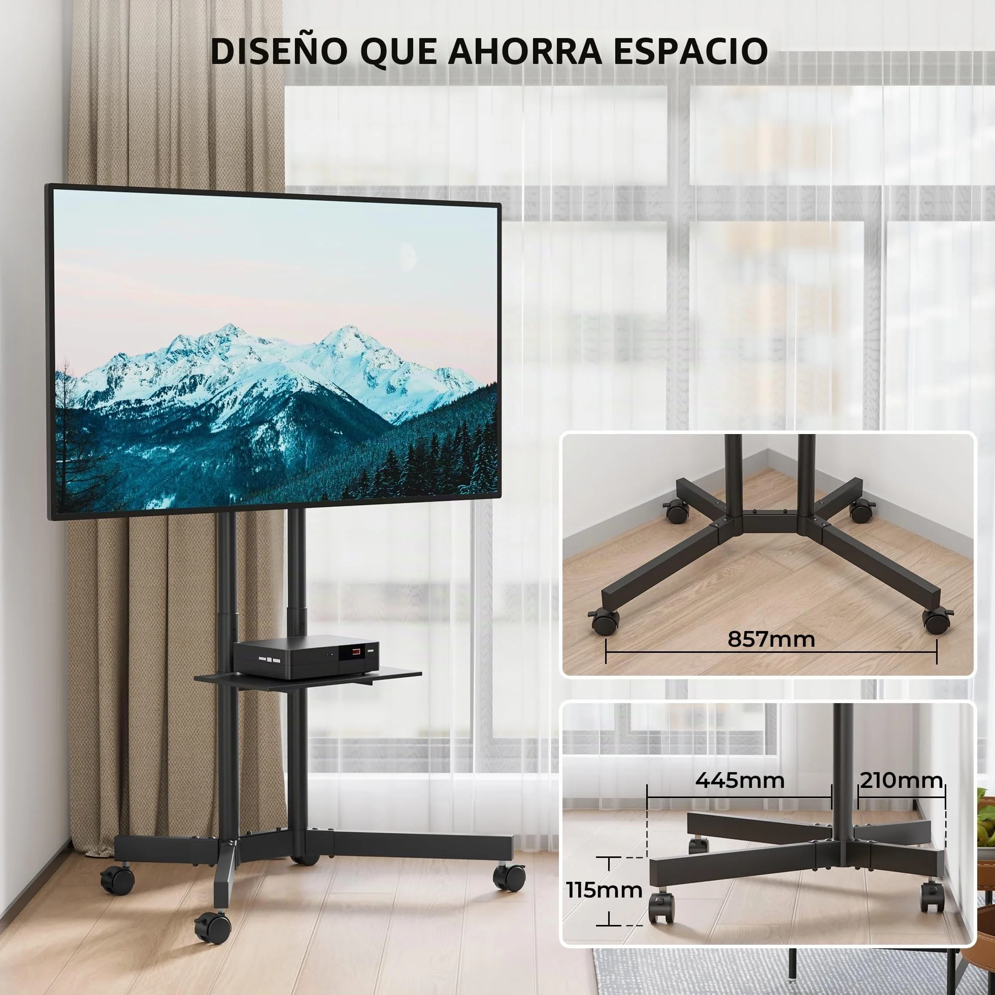 BONTEC Soporte TV Ruedas, Soporte TV Pie para 32-85 Pulgadas para TV de Planos/Curvos, hasta 55 kg, Altura Ajustable con Bandeja Multimedia, Inclinacion ±15°, Gestion de Cables, Máx. VESA 600x400 mm