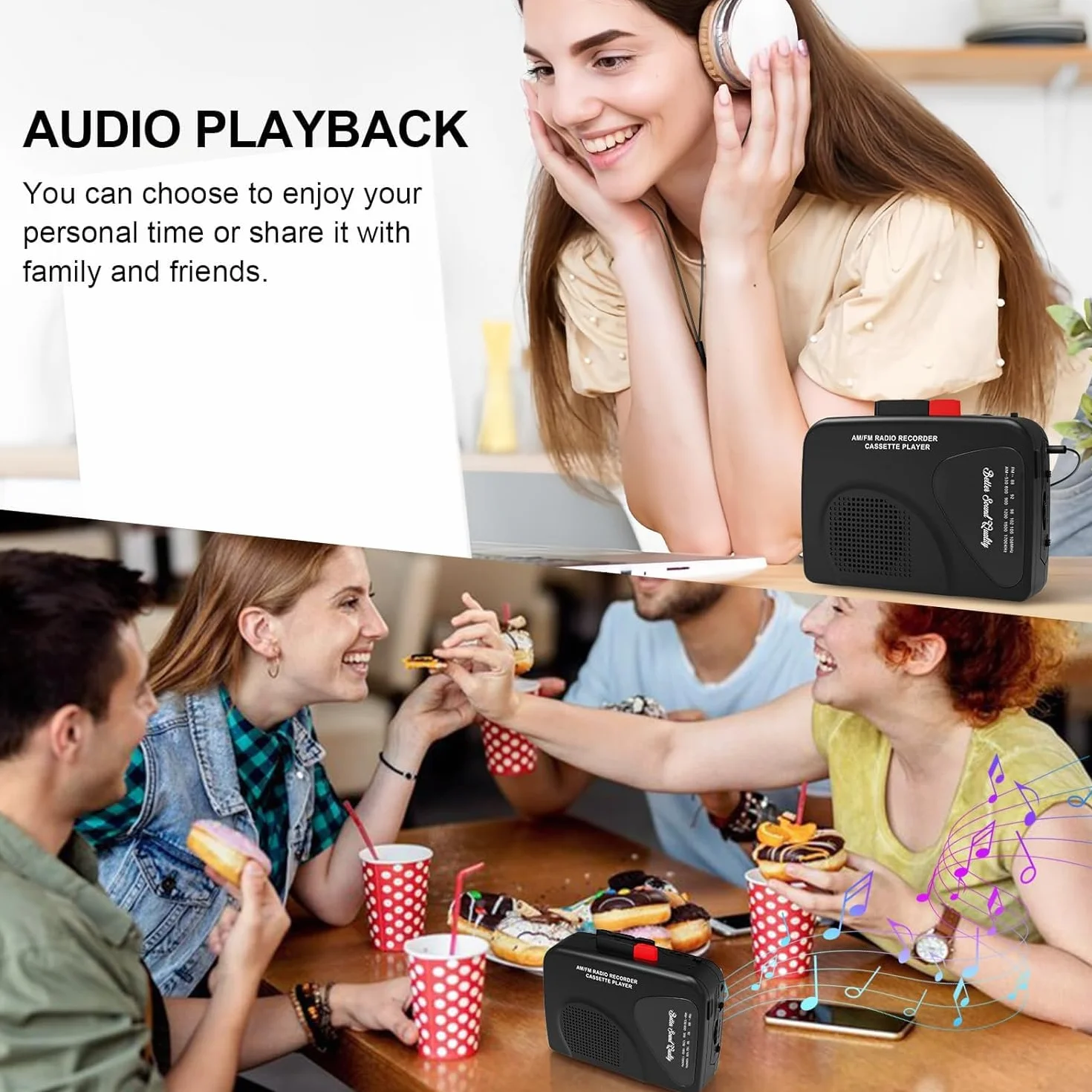 Reproductor de casete portátil con radio AM/FM, altavoz integrado, negro