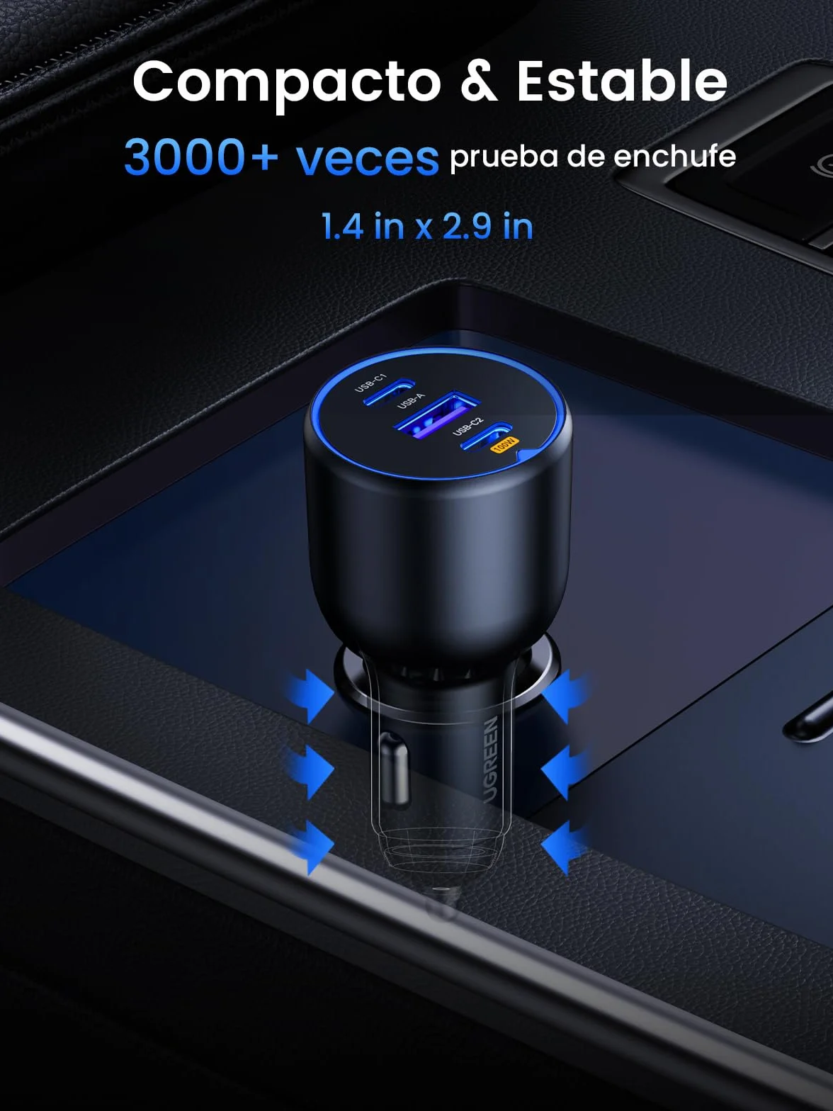 UGREEN 130W Cargador de Coche USB C Carga Rápida 3 Puertos Compatible iPhone Samsung Xiaomi MacBook iPad