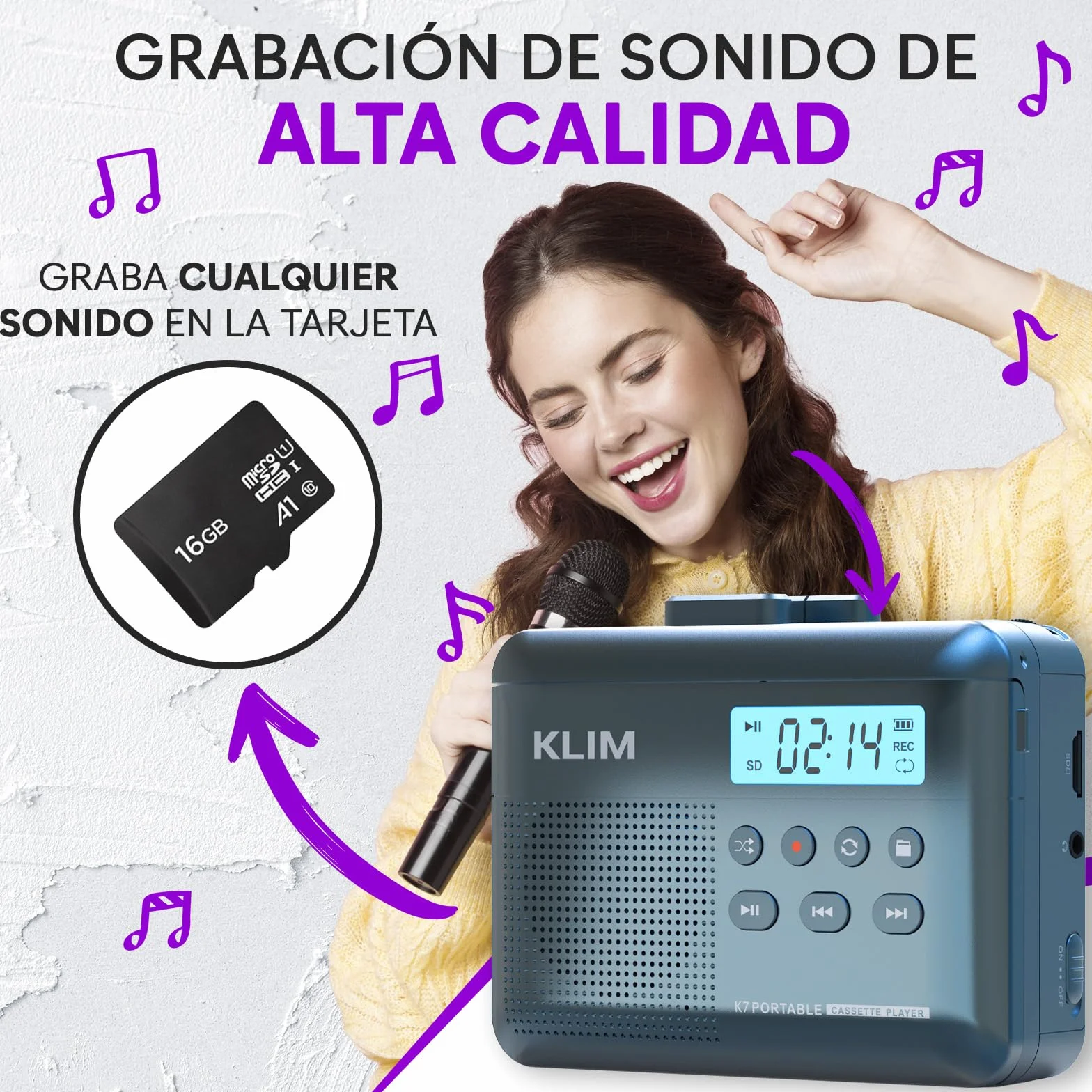 KLIM K7 Reproductor Cassette MP3 Portátil Micrófono Altavoz Batería Recargable Auriculares Tarjeta SD 16 GB Azul