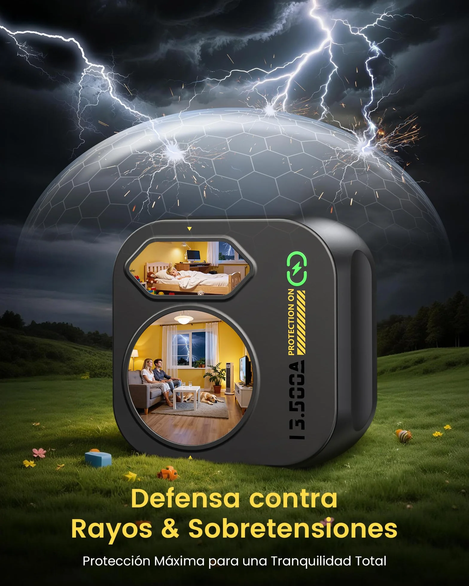 LENCENT Adaptador Enchufe de Protección contra Sobretensiones hasta 13.500A, Enchufe Multiple Pared Toma de Torriente de Protección para Toma de Tierra (3600 W 16 A)