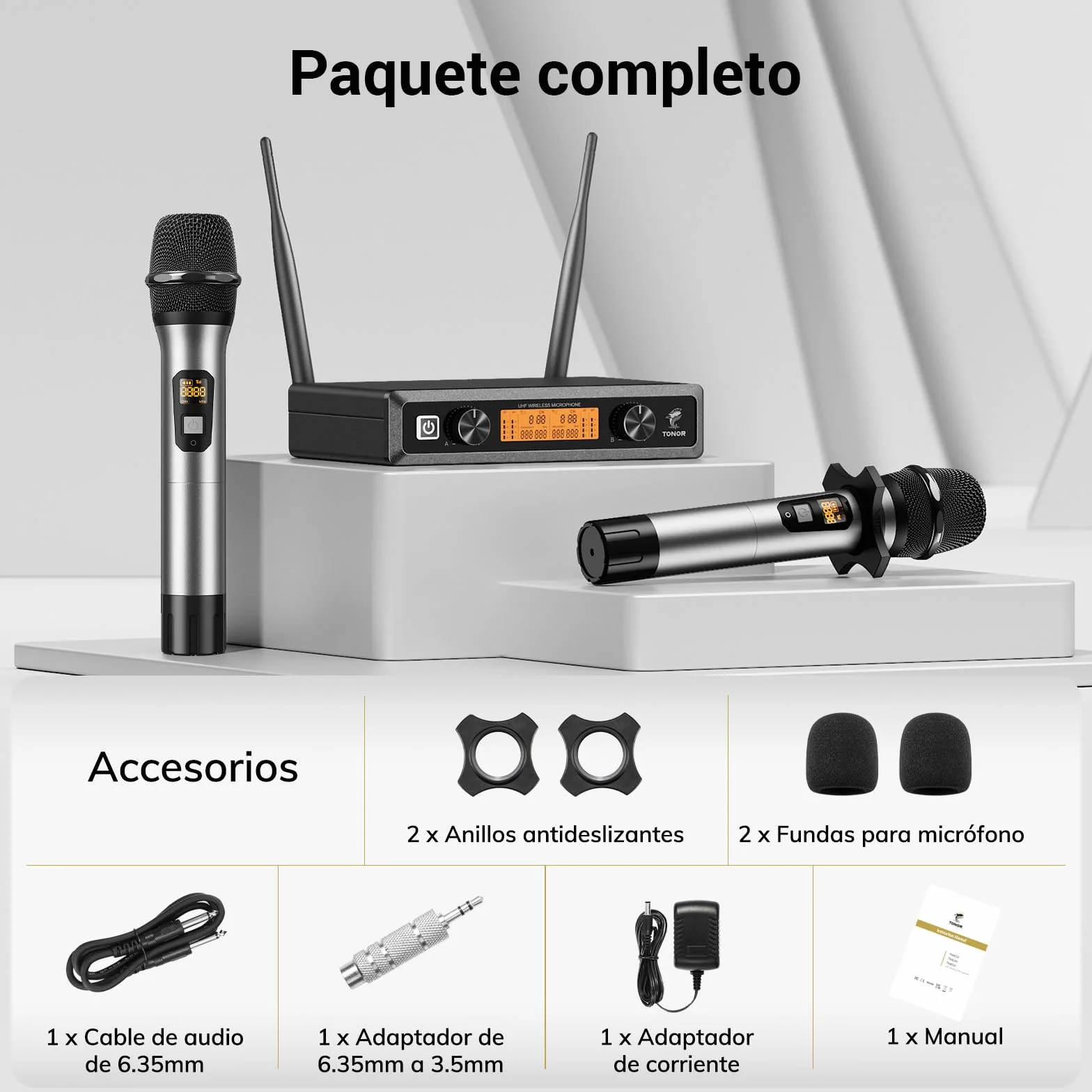 TONOR Micrófono Inalámbrico Dual Sistema de Micrófono Inalámbrico de Mano Profesional UHF, Set KTV Hogar para Karaoke, DJ, Fiesta, 60 Metros, TW820, Plata