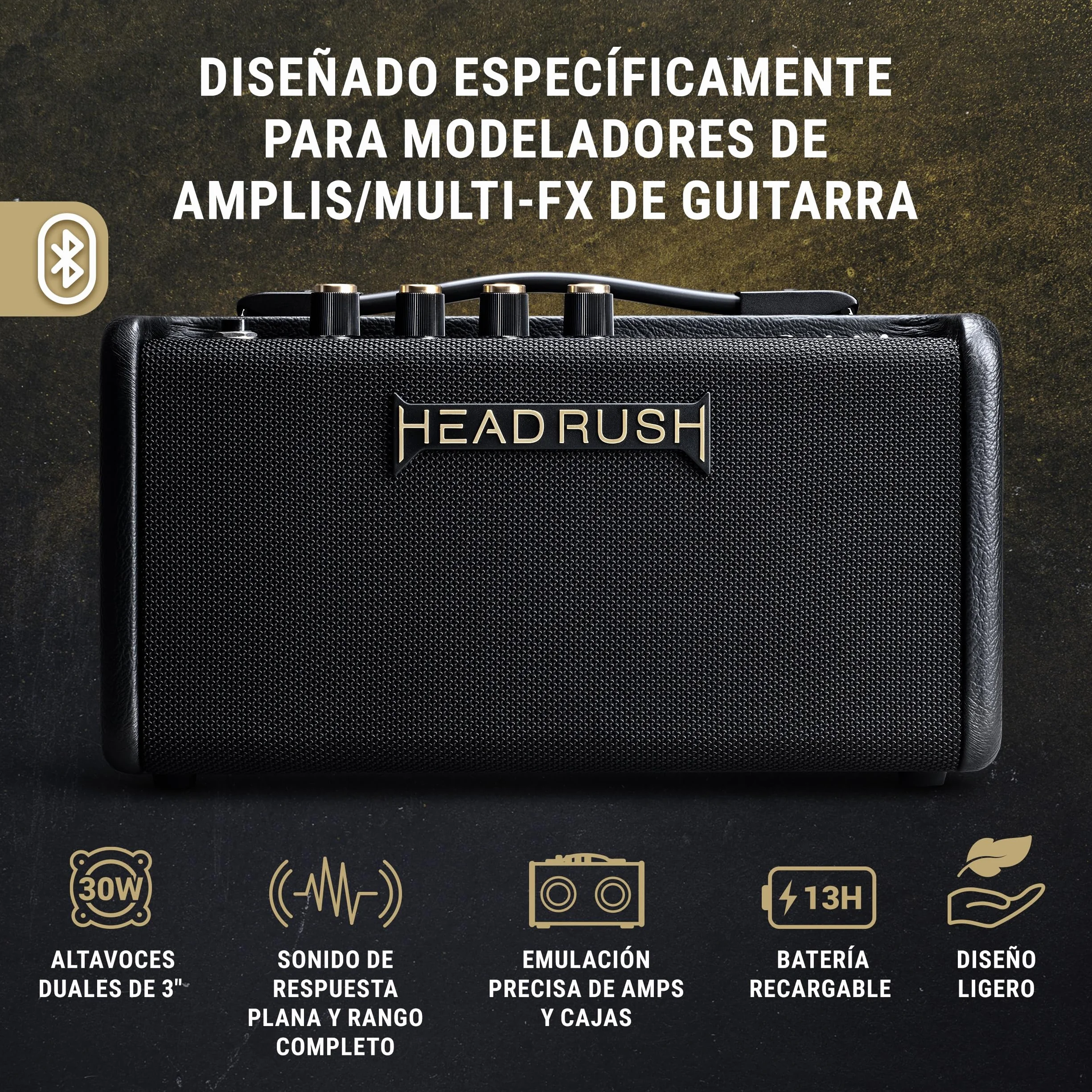 HeadRush FRFR-GO - Amplificador 30W para Guitarra Electrica y Bajo con Altavoces duales 3", Bluetooth y Batería Recargable, para Pedales de Modelado