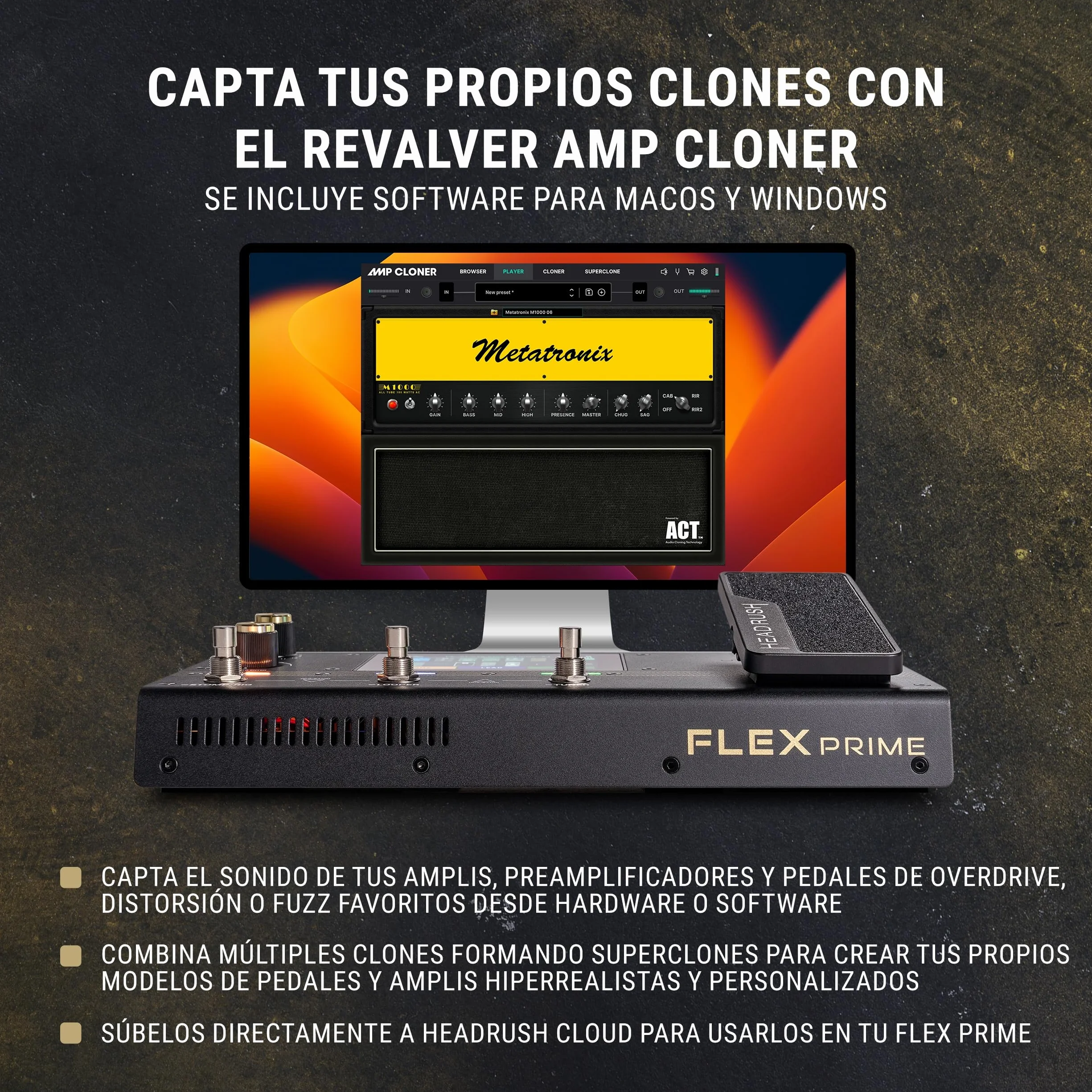 HeadRush Flex Prime - Pedal Multiefectos para Guitarra y Bajo y Procesador de Modelado de Amplis con Pantalla Táctil, Looper, WiFi, Bluetooth y USB