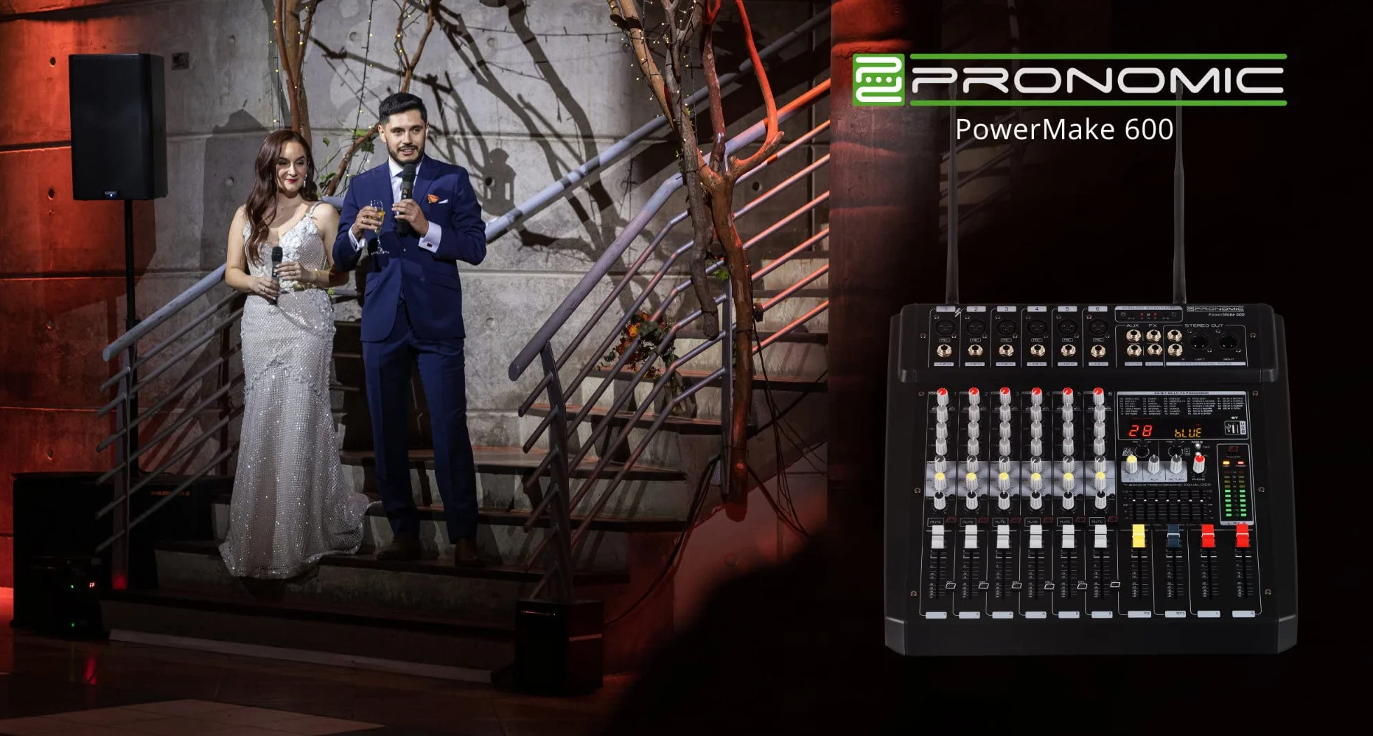 Pronomic Powermake 600 Mezclador 6 Canales con 2 Micrófonos UHF, 760W RMS, Procesador Multi-Efectos 24Bit, Reproductor/Grabador Bluetooth®/USB, Ecualizador Gráfico, Negro.