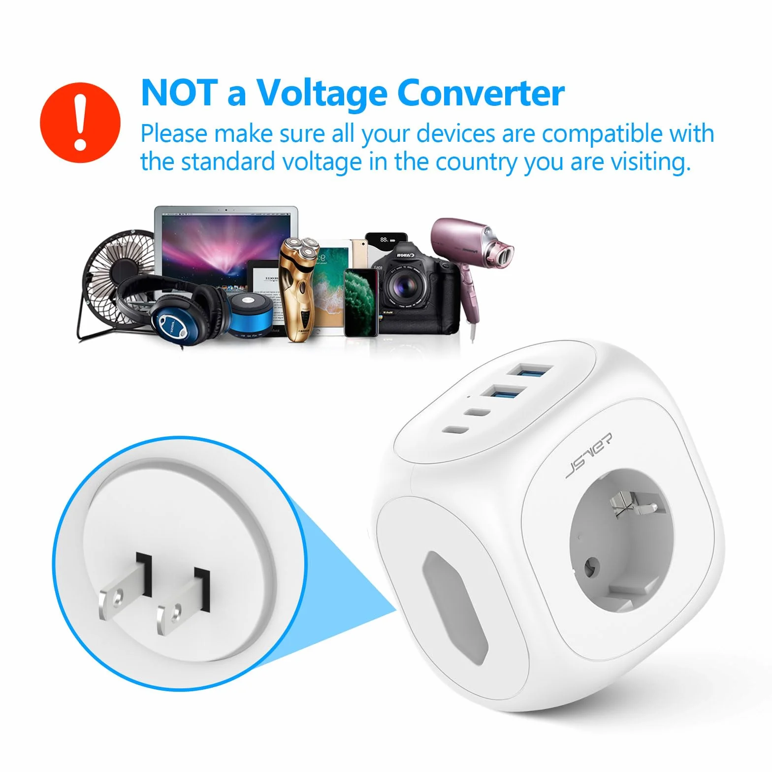 Adaptador Japon 3 Tomas, JSVER 7 en 1 Adaptador Enchufe para Japan Tipo A con 2 USB A y 2 USB C, Enchufe de Viaje para Español a Japones,América, México, Canadá, Tailandia-Blanco