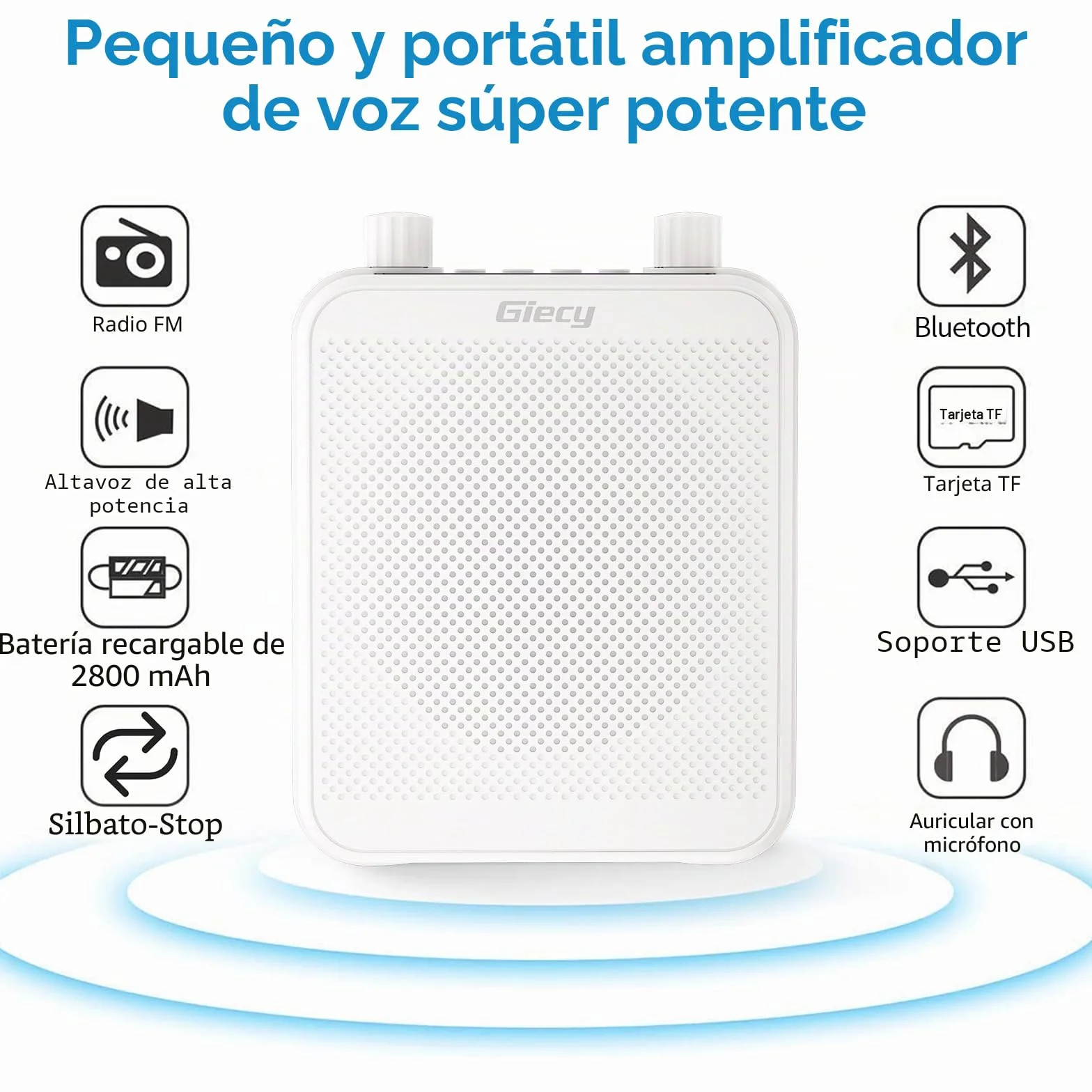 Amplificador de Voz portátil con micrófono batería Recargable 2800mah, Sistema de megafonía para Profesores, guías turísticos, Entrenadores Deportivos, presentadore(Blanco)