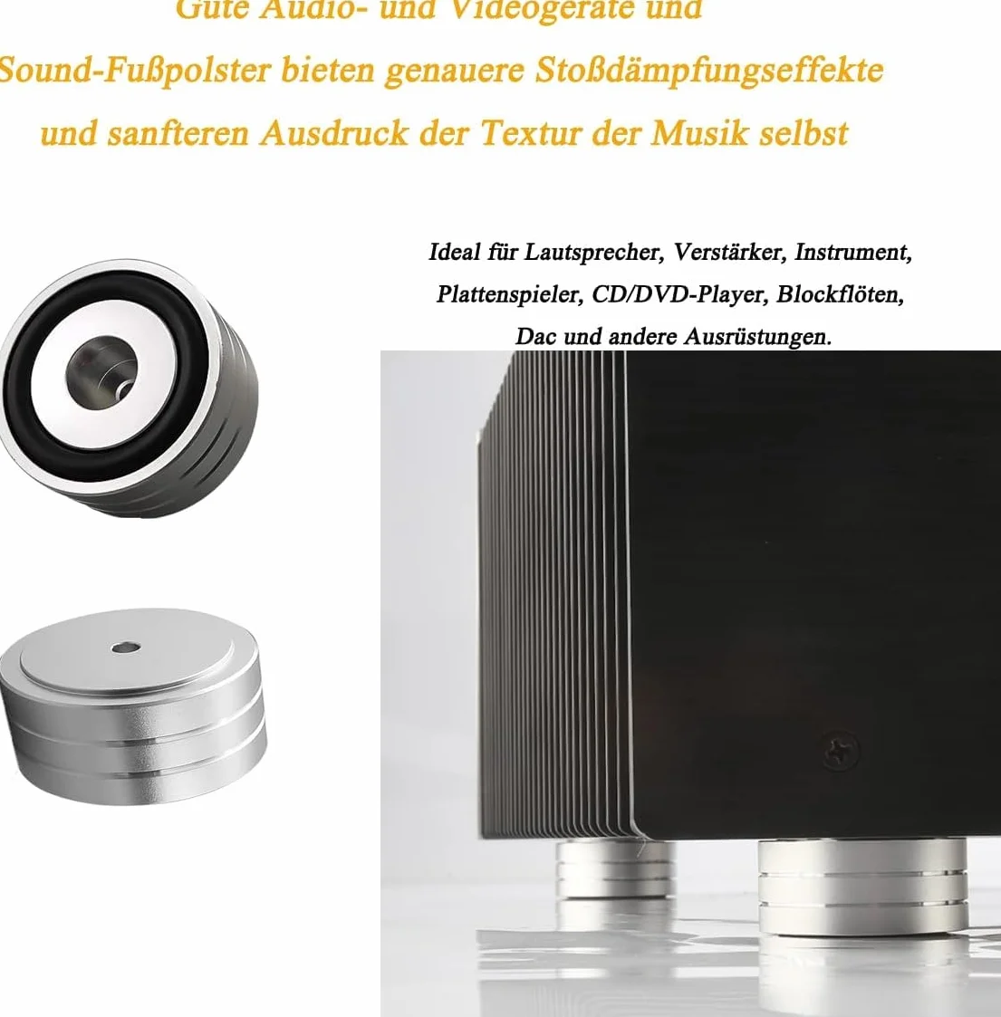 Pies de altavoz, amortiguador de resonancia eficaz para pies de subwoofer, pies de dispositivo HiFi, pies de dispositivo, amortiguadores de choque (4 unidades, plata)