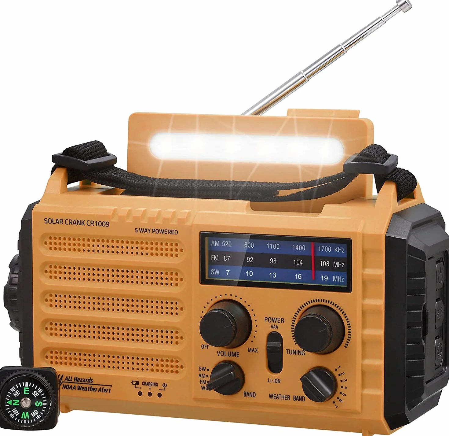 5000mAh Radio Solar, Radio de Emergencia Portátil con Manivela, Radio Dynamo Weather Am/FM, Cargador de Teléfono USB, Linterna LED y Luz de Lectura, Alarma SOS, Brújula para Acampar al Aire Libre