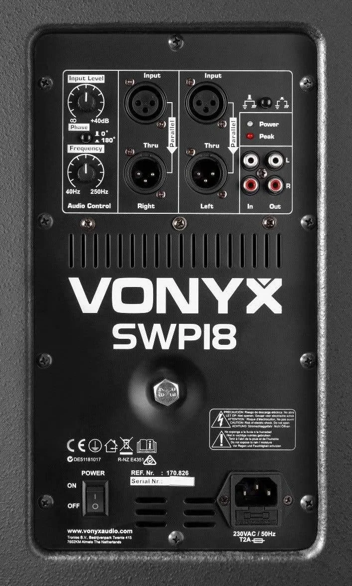 Vonyx SWP18 Pro Subwoofer PA Activo 46cm (18") (600W Potencia máx., Amplificador Integrado Filtro Paso bajo, bassreflex, Brida estandar, Carcasa MDF, Tomas XLR y RCA)