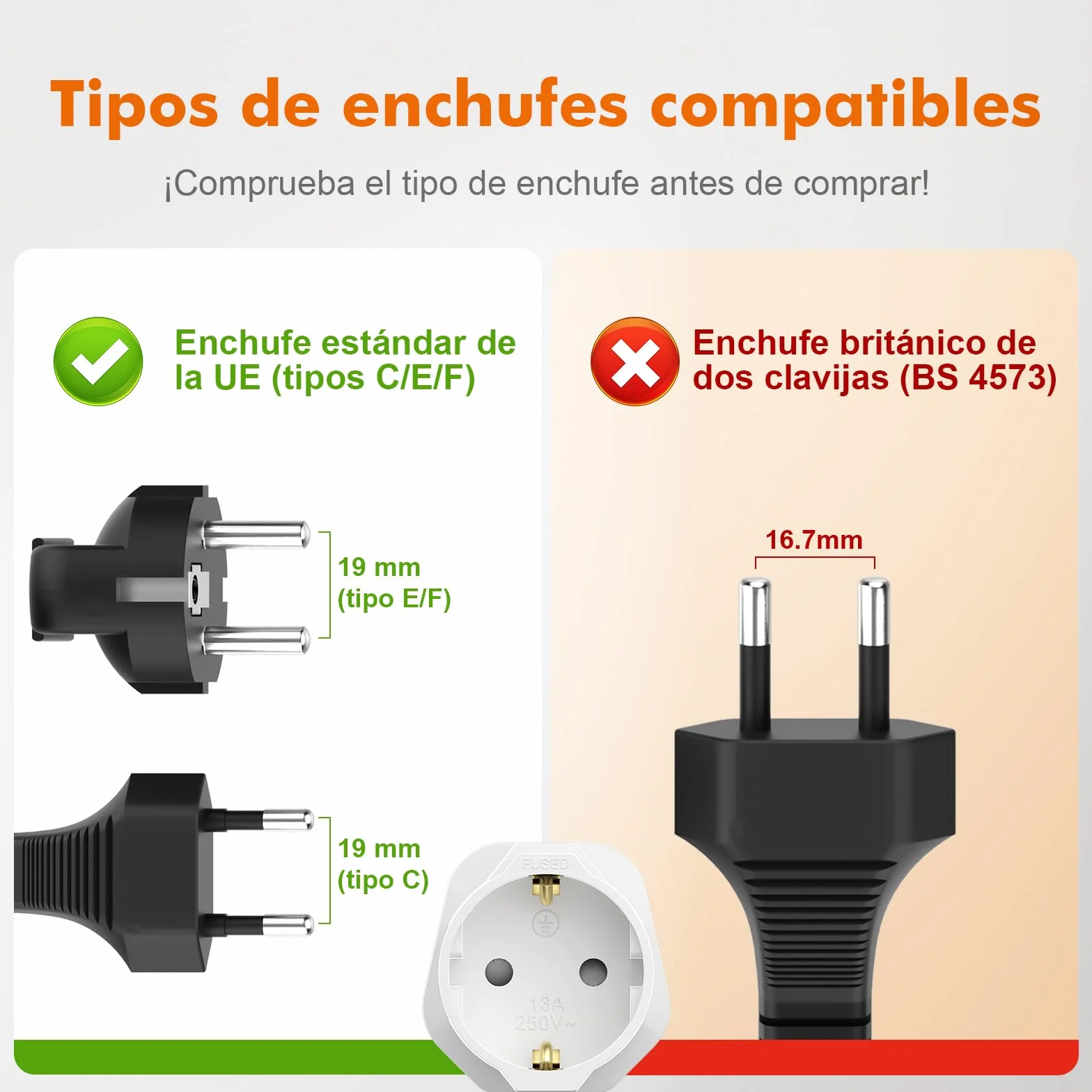 GRIFEMA Adaptador Enchufe UK Tipo G 13A, Convertidor Europeo 2 Pin a UK 3 Pin, Pack de 2
