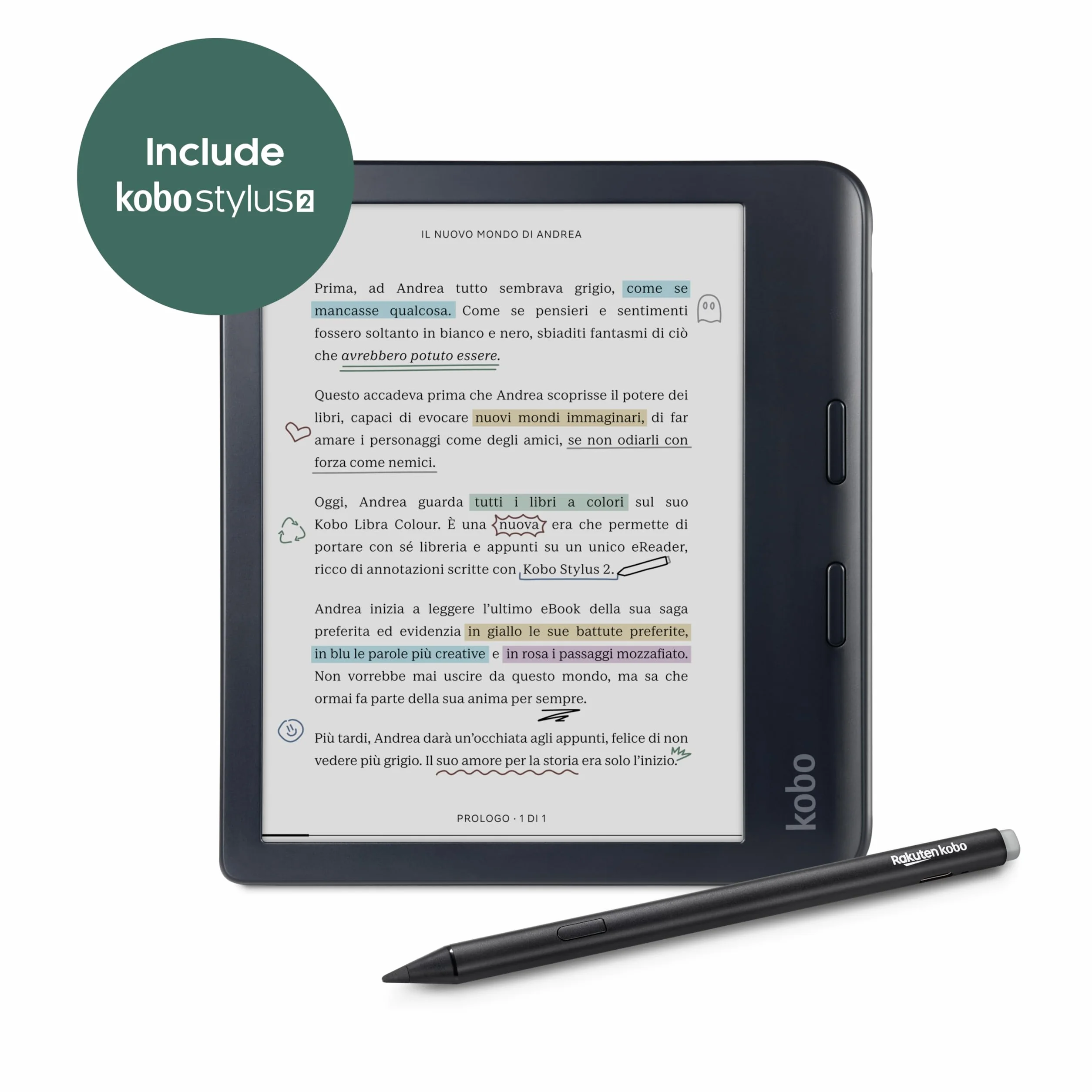 Kobo Libra Colour con Kobo Stylus 2 Lector Electrónico Pantalla Antirreflectante Tinta Kaleido 3.7 Modo Oscuro Audiolibros Impermeable Negro