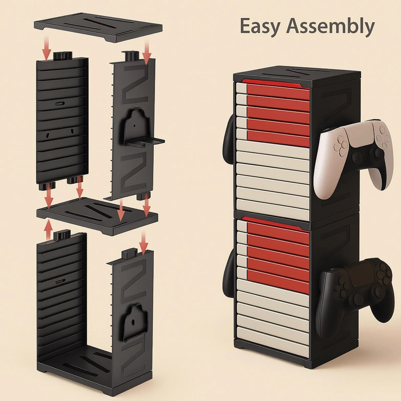 Soporte de torre de almacenamiento de juegos para PS5, PS4, Xbox Series X/S, Xbox One, Switch y discos Blu-Ray, organizador de 24 discos con controlador y ganchos para auriculares, ahorro de