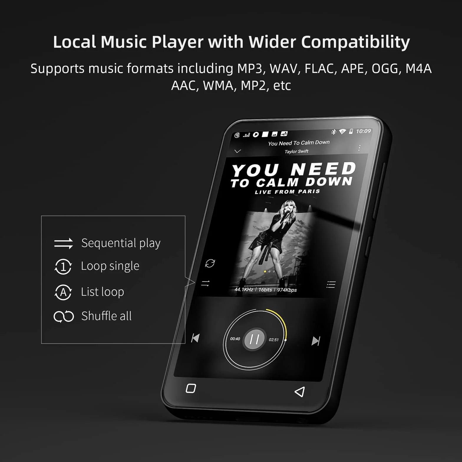 innioasis Reproductor MP3 80GB Bluetooth WiFi 4 Pulgadas Pantalla Táctil Spotify Pandora Amazon Music Audible Negro