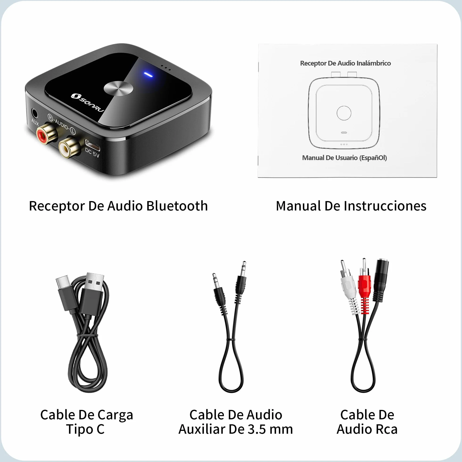 SONRU Receptor Bluetooth 6.0 HiFi, Adaptador De Audio Inalámbrico con Jack Aux 3,5 mm Y RCA,para Sistema Estéreo De Coche/Doméstico,Conexión Dual,Tiempo de Reproducción 24H