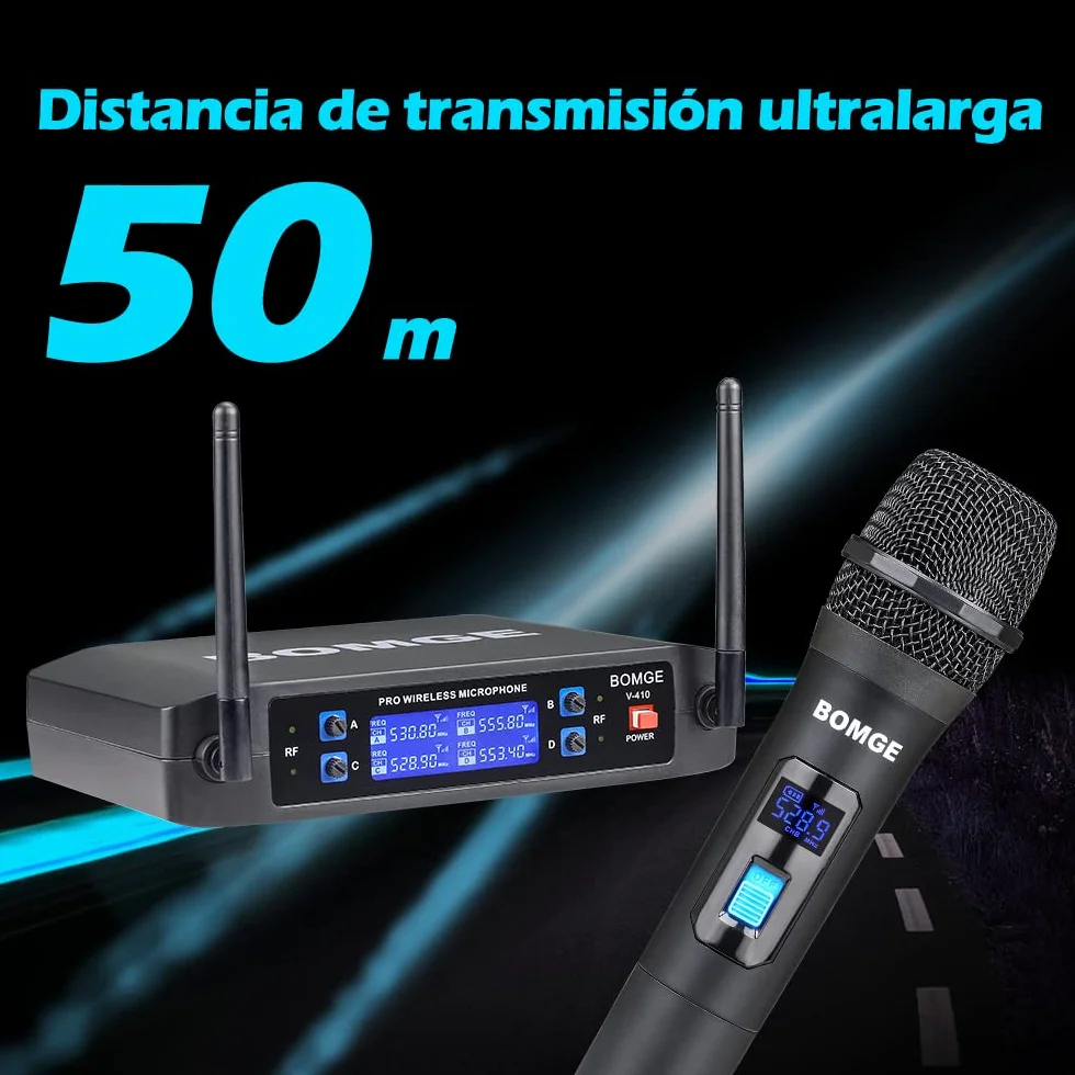 BOMGE Sistema de micrófono inalámbrico, Juego de micrófono inalámbrico Pro de 4 Canales con Cuatro micrófonos de Mano, frecuencia Fija, Largo Alcance de 200 pies, Ideal para Iglesia, Karaoke, Eventos
