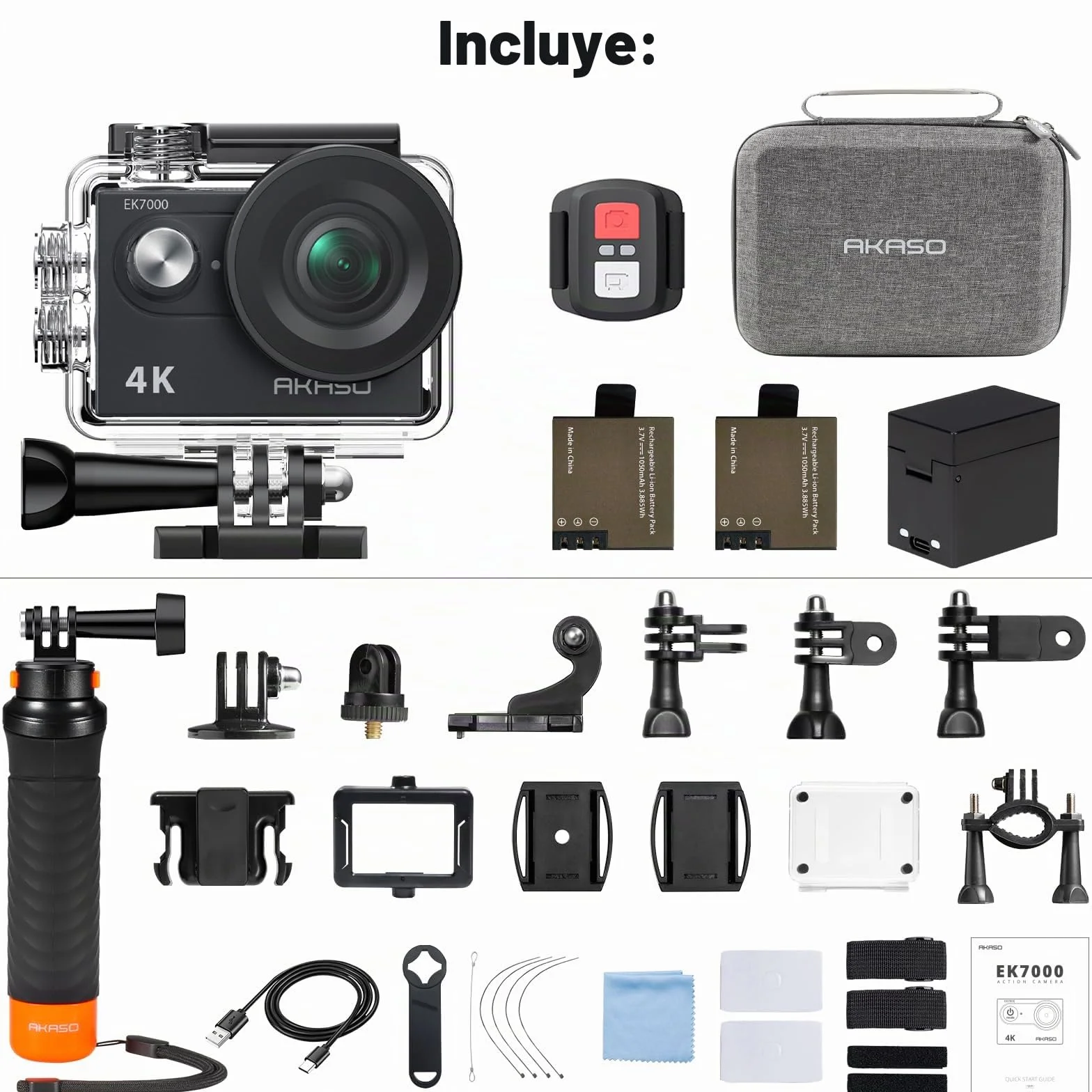 AKASO Pack de Buceo EK7000 Cámara Deportiva 4K 20MP WiFi Cámara de Acción para Surf y Buceo Camara Acuatica Sumergible con Empuñadura Flotante Impermeable, Bolsa de Almacenamiento, 2 Baterías
