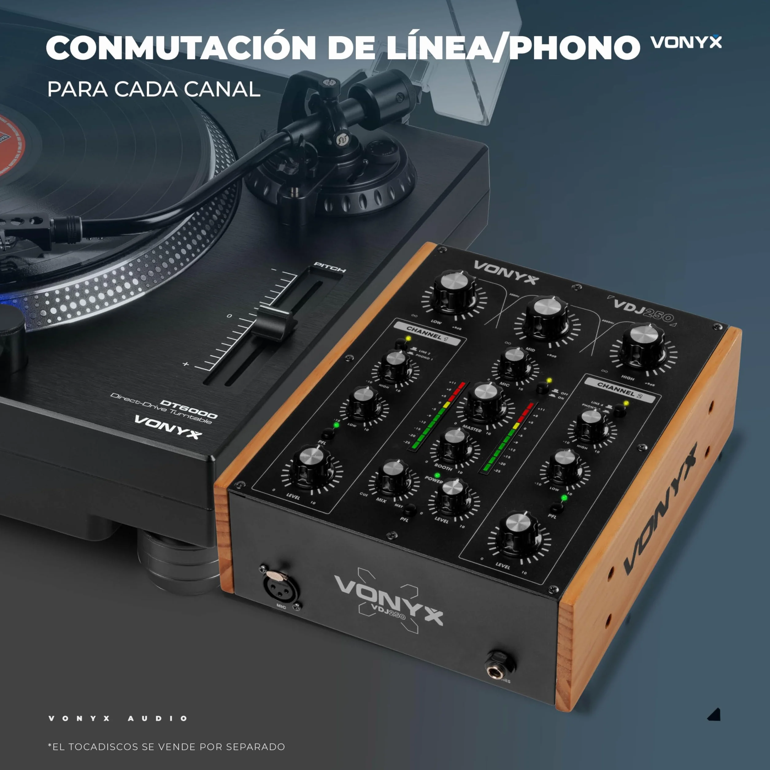 Vonyx VDJ250 – Mezclador DJ analógico 2 Canales con EQ entradas RCA Salida XLR Booth Rec para Tocadiscos y Reproductores diseño Retro Compacto Mixer DJ analogico DJ Booth Mixer vdj250