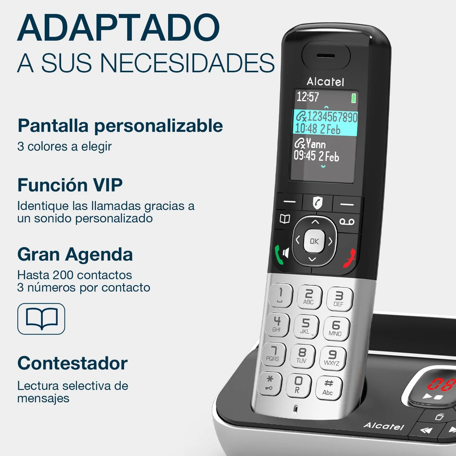 ALCATEL FX990 Voice Trío Telefon DECT z automatyczną sekretarką 50 min, kolorowy wyświetlacz graficzny, głośnomówiący, blokada połączeń, dzwonek VIP, 3 telefony, czarno-szary