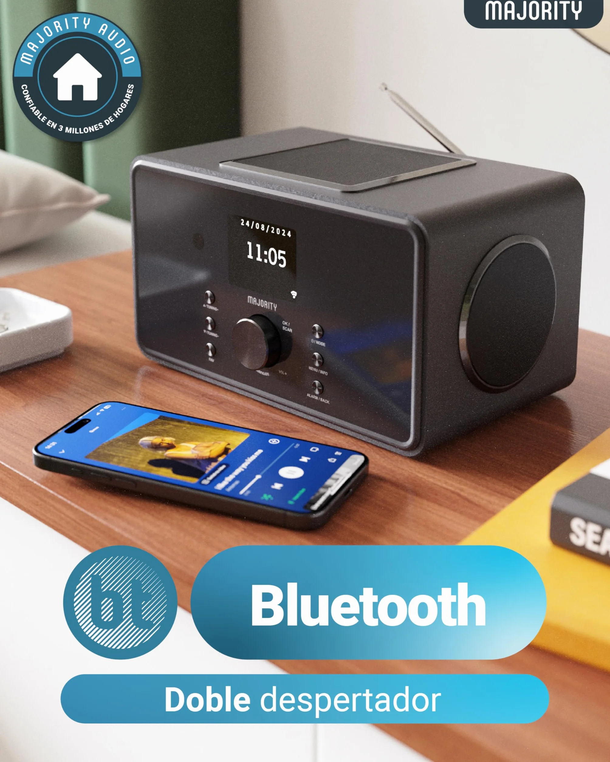 MAJORITY Bard Radio Internet con Dab+ | 2.1 100W Estéreo con Subwoofer Incorporado | Radio WiFi con Bluetooth & Despertador | Spotify Connect, Podcasts, FM, 90 Preajustes | Mando a Distancia (Negro)