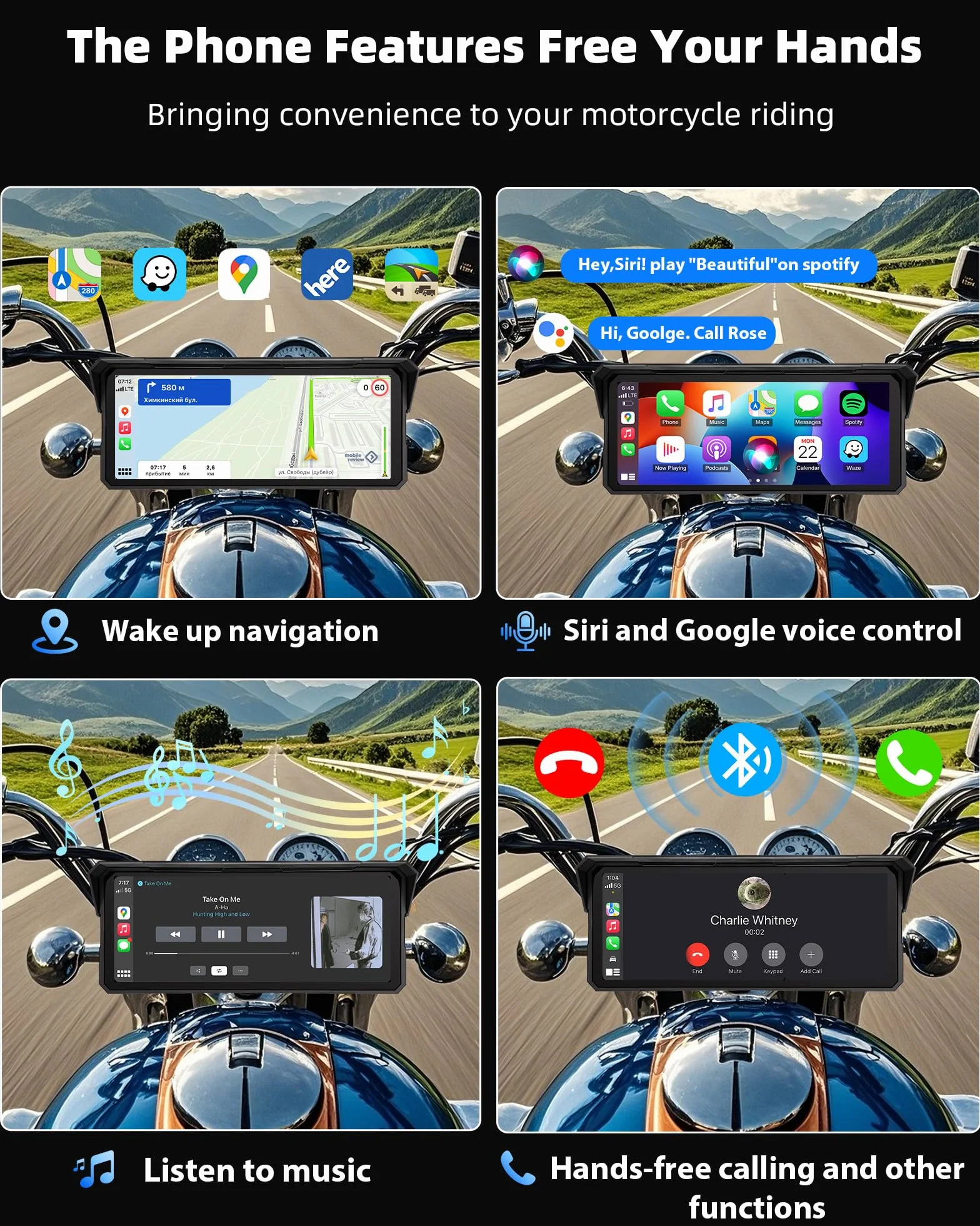8,1 Pulgadas Pantalla Carplay Moto Android Auto Moto, Pantalla Táctil Resistente al Agua IP67 Navegación GPS para Motocicletas Audio Bluetooth Siri y Asistente de Google