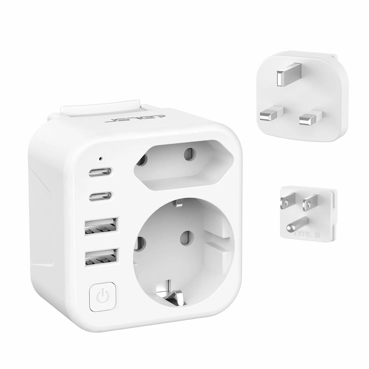 JSVER Adaptador de Enchufe Universal con 2 Enchufes Reemplazables Tipo B/G y 2 Enchufes de CA,4 Puertos USB, Cargador para España, EE. UU., Reino Unido, Canadá, México, HK (Blanco)