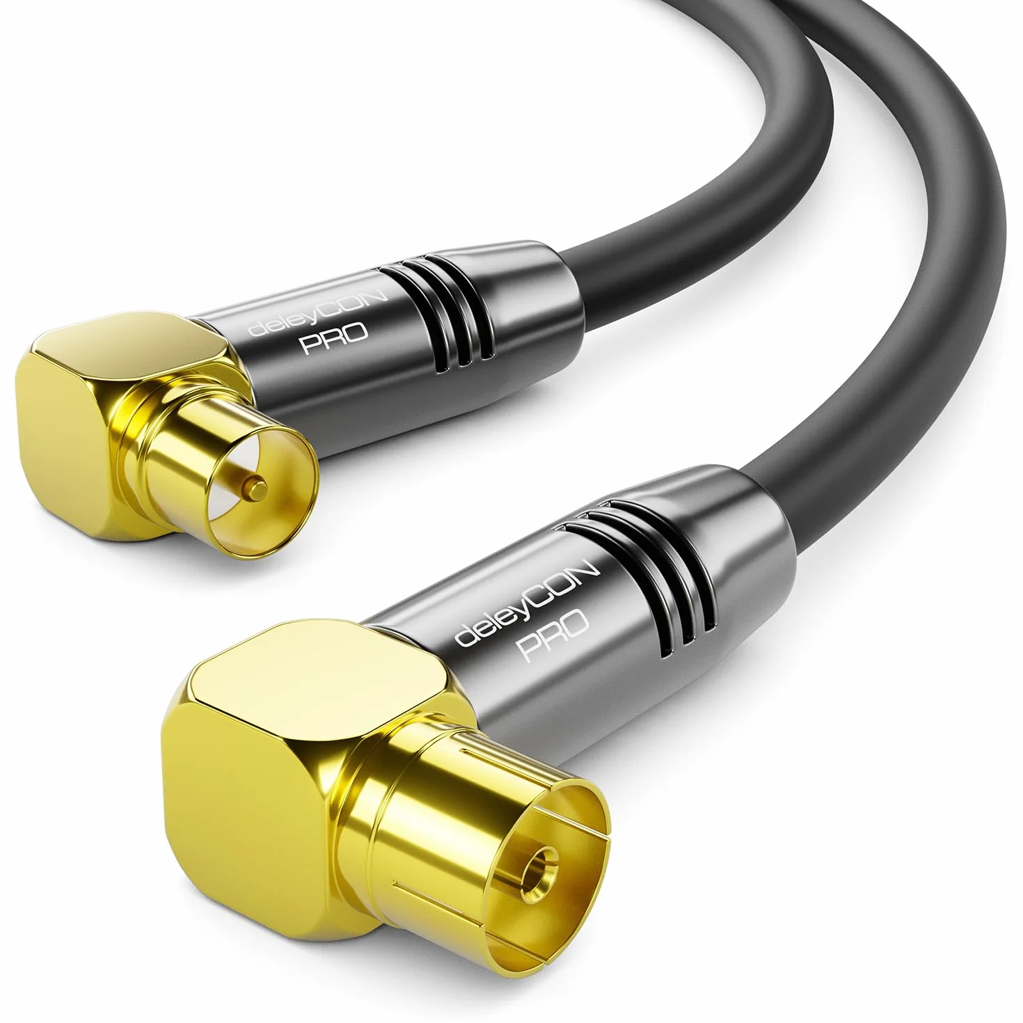 deleyCON 1,5m Cable de Antena TV 4K - 4K Ultra HD Full HD HDTV - 2x Acodado - Cable Coaxial - Conector IEC (90°) a Toma IEC (90°) - Conectores Metálicos - Negro