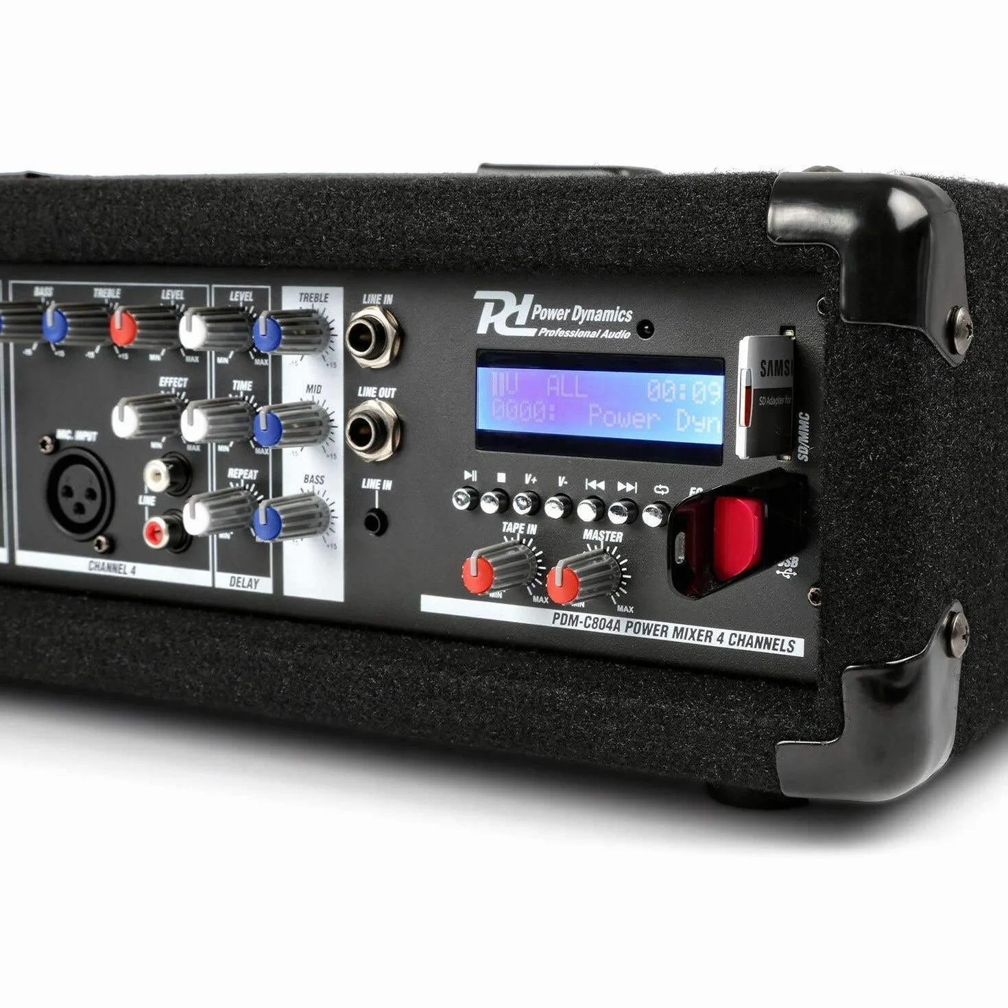 Power Dynamics PDM-C405A Mezclador DJ de 4 canales con amplificador Mezclador con Bluetooth, robusto mezclador de audio, efecto echo, reproductor MP3, mezclador para pequeños eventos en directo