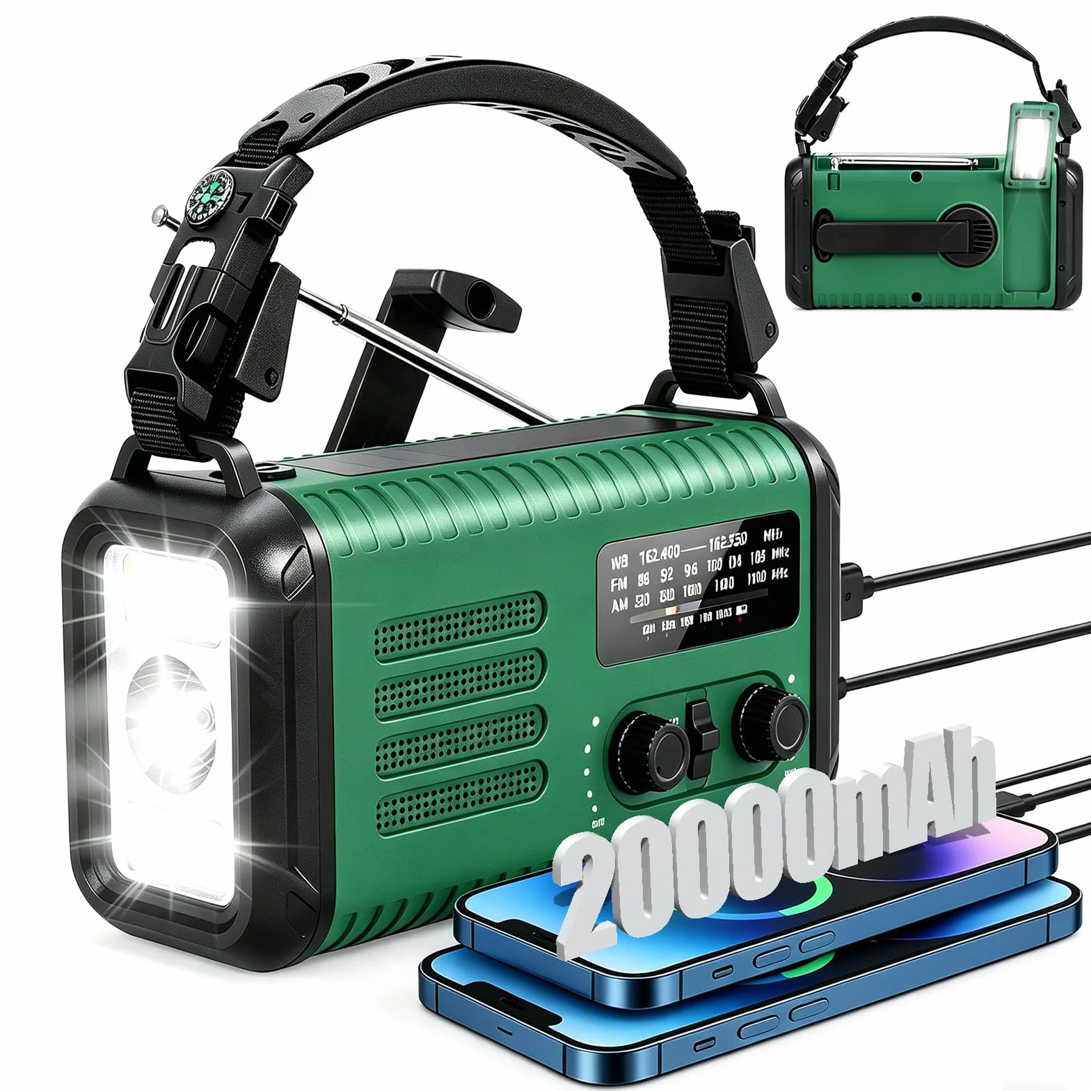 Radio de Emergencia 20000 mAh Solar de Manivela AM/FM con Cargador Teléfono SOS Linterna