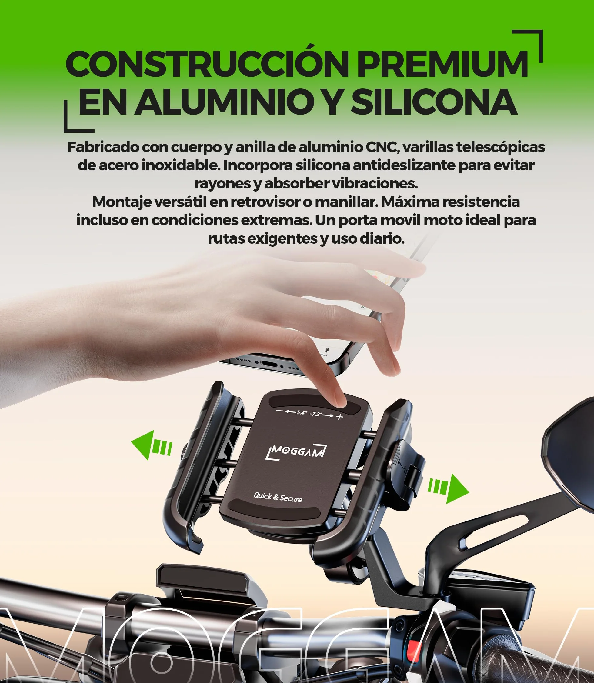Soporte Móvil Moto Antivibración Aluminio CNC Liberación Rápida Rotación 360° Montaje Manillar 22-32mm Espejo 12-14mm Compatible Scooter Bicicleta
