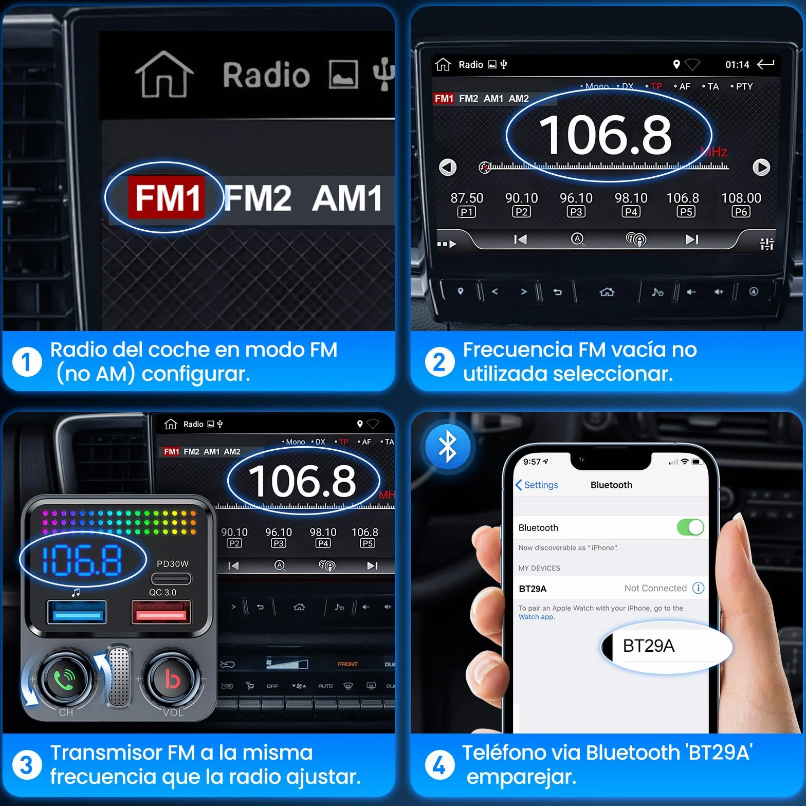 GizmoVine Transmisor FM para Coche, Adaptador Bluetooth 5.4 48W, 3 Puertos Carga (PD 30W + QC 18W), Música Inalámbrica, Grave Profundo, Manos Libres, Asistente de Voz, Pen Drive, 12V/24V