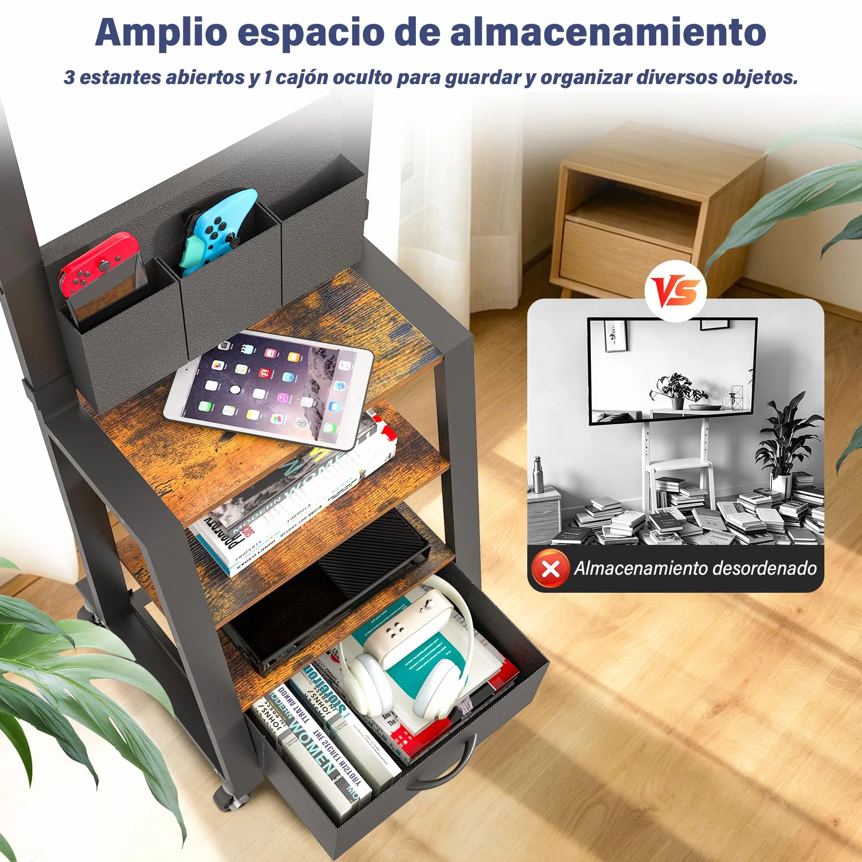 Soporte de TV con Ruedas, cajón y Almacenamiento, para TV Planas/Curvas de 23"-60", hasta 72kg, Altura Ajustable, Carrito móvil para TV, para hogar, Oficina, Exteriores, VESA máximo de 400 x 400mm