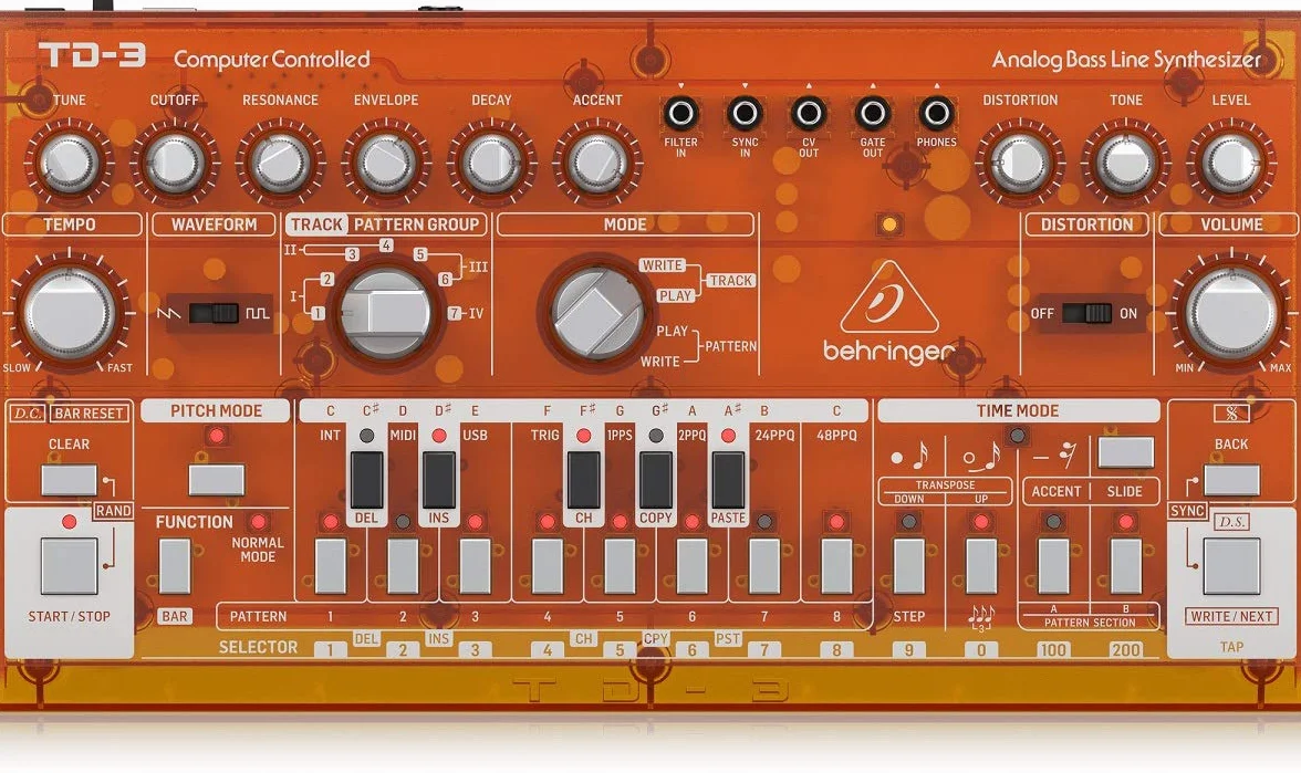 Behringer TD-3-TG Sintetizador de línea de graves analógico con VCO, VCF, secuenciador de 16 pasos, efectos de distorsión y cadena de poli 16 voz, compatible con PC y Mac