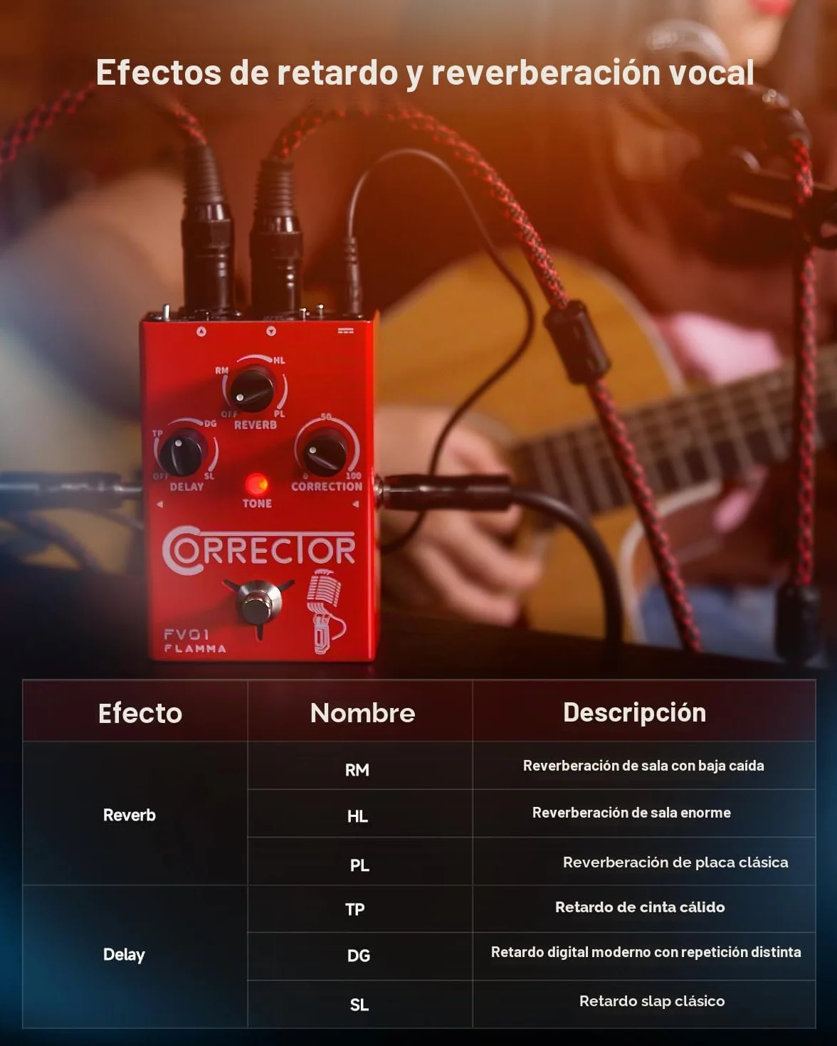 FLAMMA - Procesador de efectos vocales FV01, pedal de corrección de tono, stompbox de voz, amplificador de micrófono para cantantes, streaming, grabación con delay, reverberación y guitarra acústica