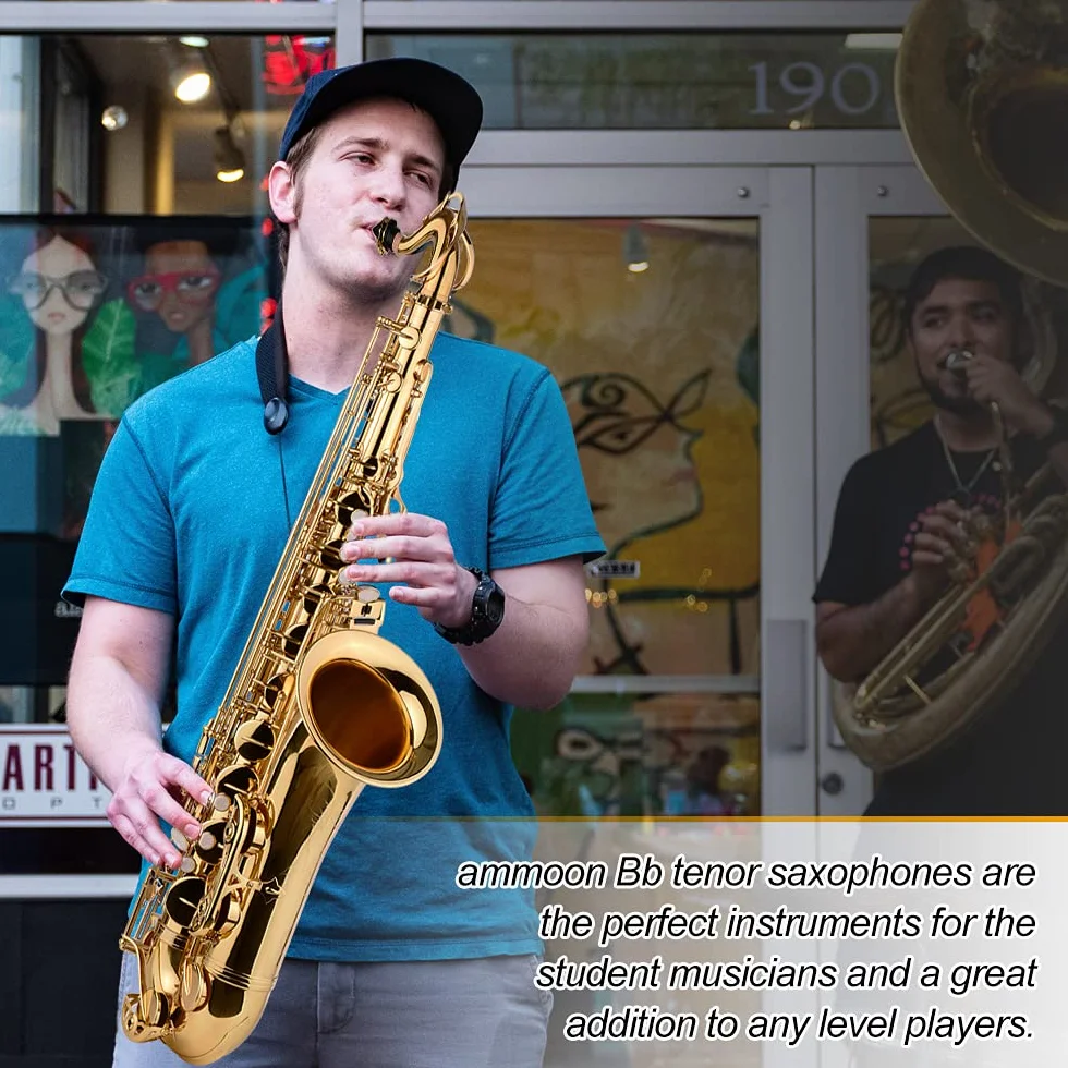 Lechnical Saxofón tenor Bb Sax Cuerpo de latón Superficie lacada en oro Instrumento de viento de madera con estuche de transporte Guantes Paño de limpieza Cepillo Sax Correas para el cuello