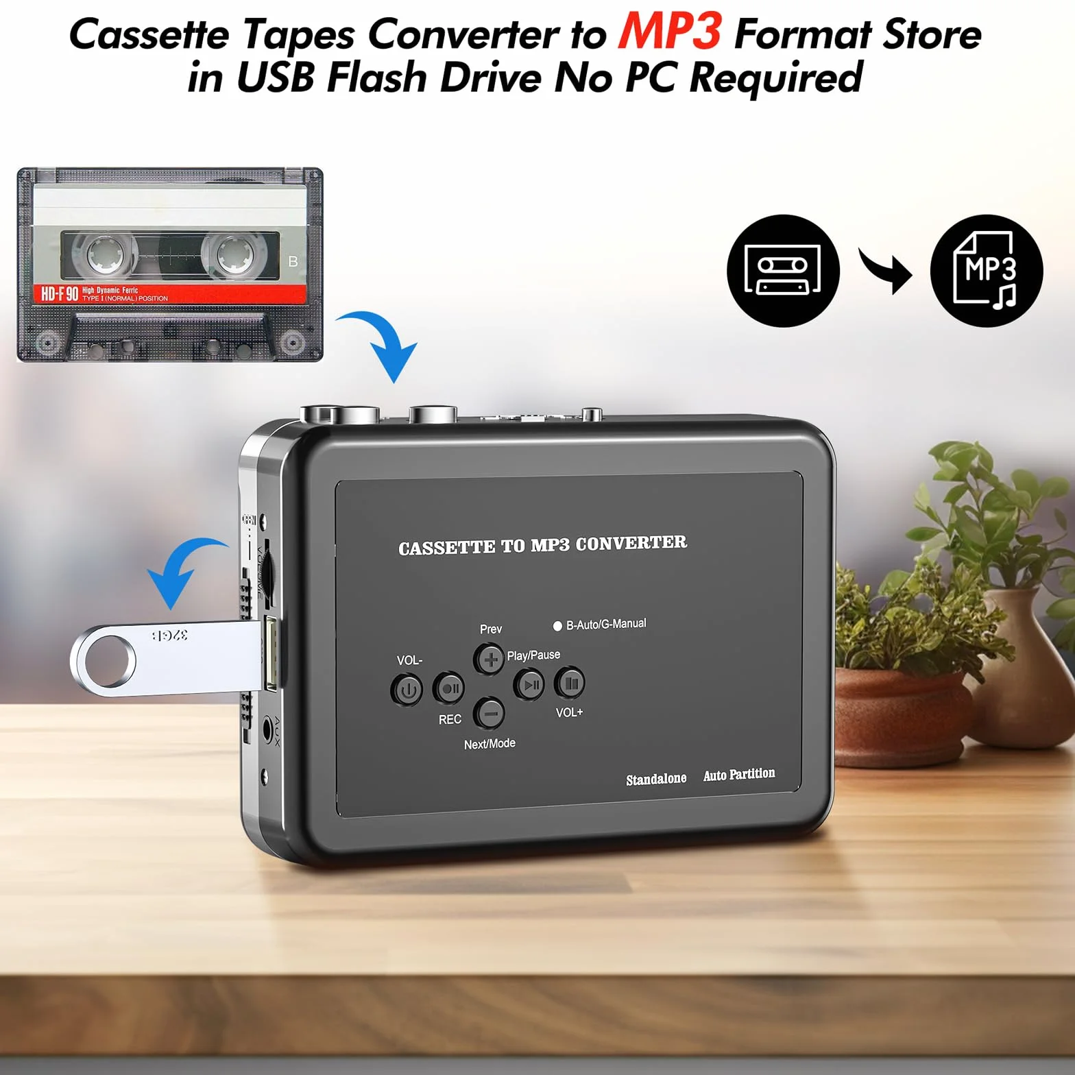 Reproductor de Casetes Portátil, Convertidor USB a MP3, Audio de Cinta a Digital con Auriculares