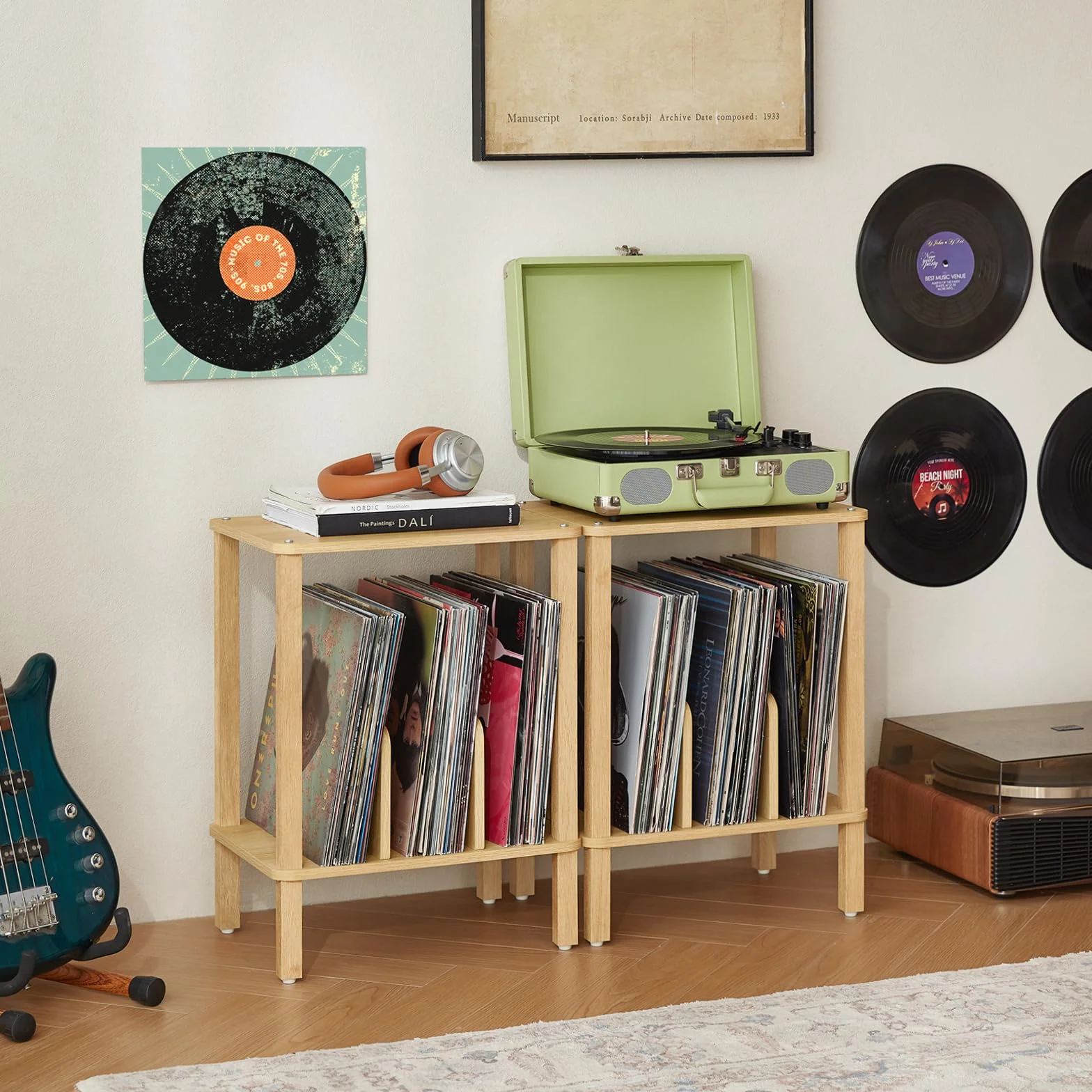 LELELINKY Soporte giradiscos de bambú de 2 Niveles con Estuche para Discos de Vinilo de hasta 100 álbumes, Mesa de Centro Multifuncional para el salón,Madera Natural