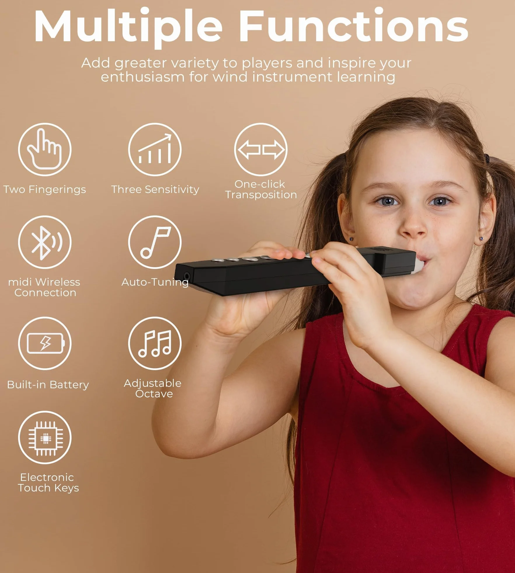 Vangoa EWI-100 - Mini sintetizador electrónico digital portátil de instrumentos de viento recargable con boquilla extraíble para niños, adultos y principiantes
