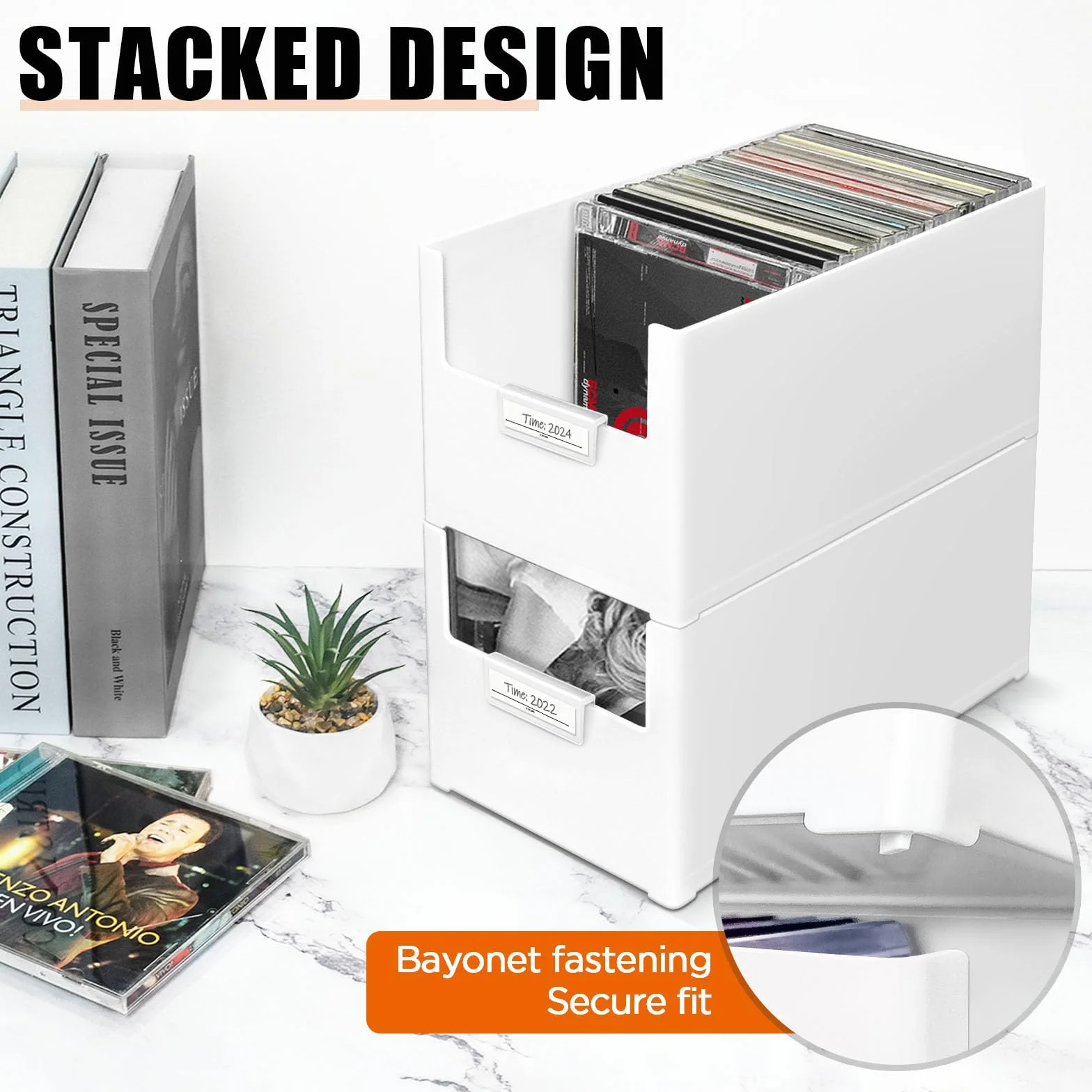 Caja de almacenamiento de CD apilable de plástico con capacidad para 25 CD, organizador de escritorio y estante