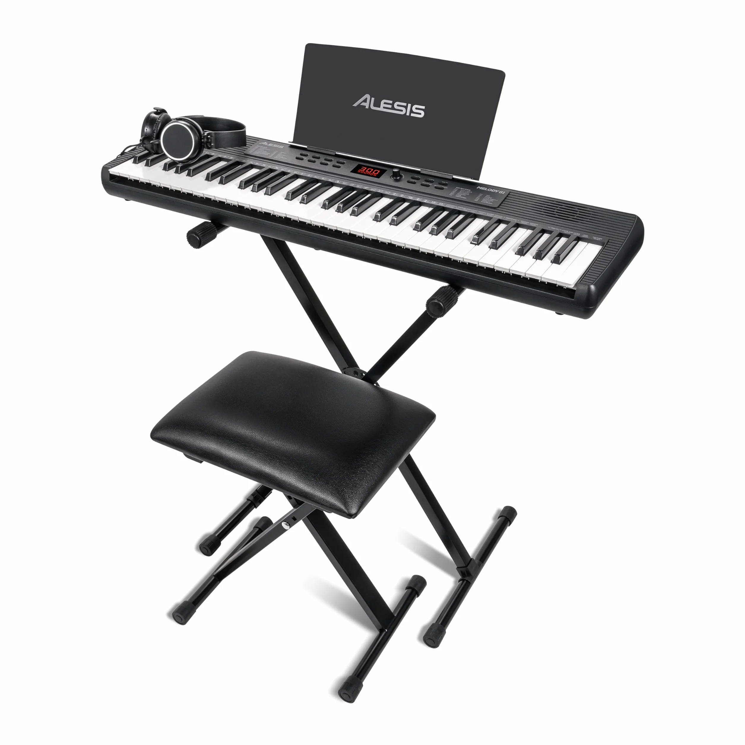 Alesis Melody 61 Teclado Piano Eléctrico para Principiantes con 61 Teclas, Altavoces, Soporte, Banqueta, Auriculares, 300 Sonidos y Lecciones de Música