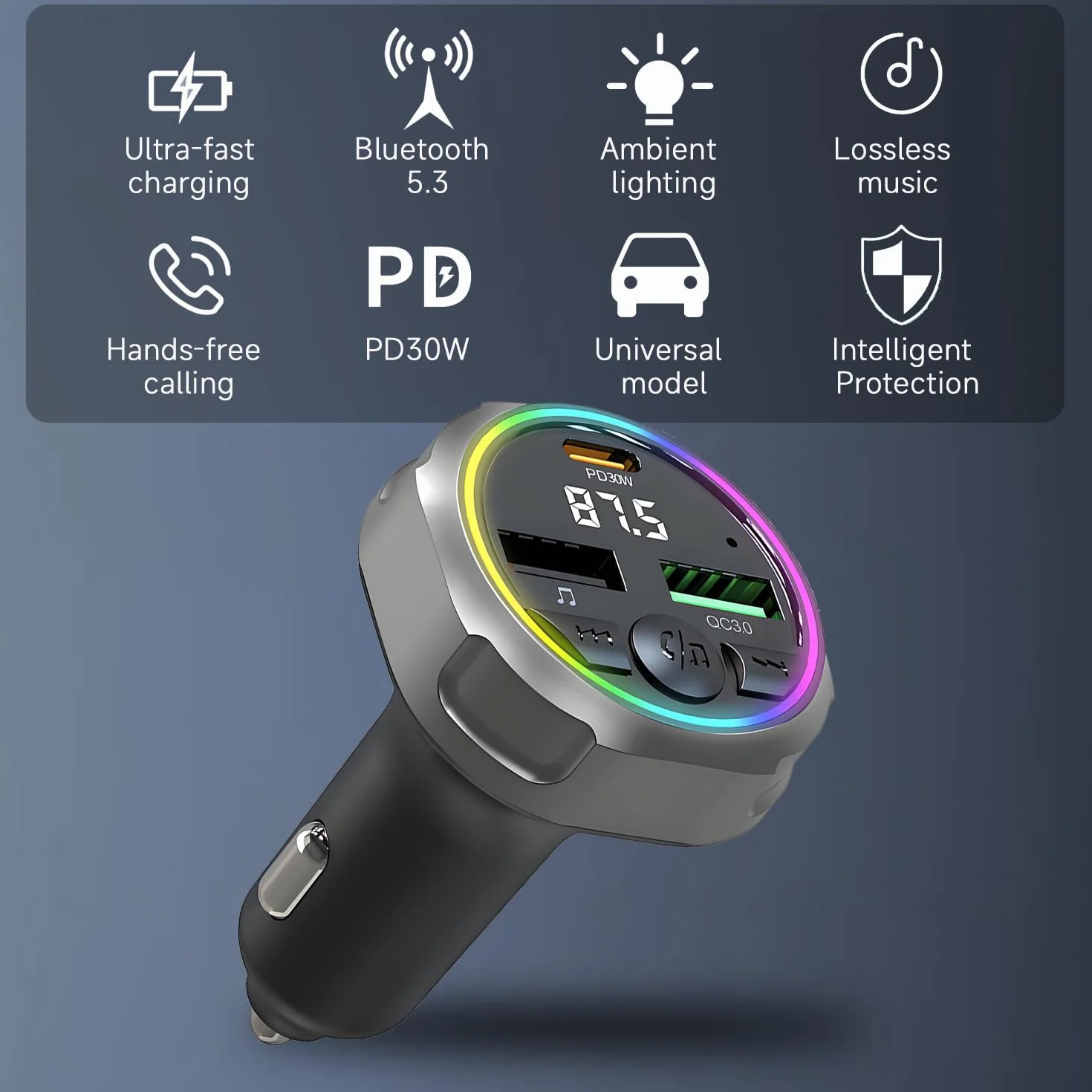 Qumox Transmisor FM Bluetooth 5.3 para Coche, Cargador PD 30W + QC3.0, Luz Ambiental RGB, Puertos USB Dobles, Manos Libres, Audio Hi-Fi, Compatible con iPhone/Samsung/Todo Tipo de Vehículos