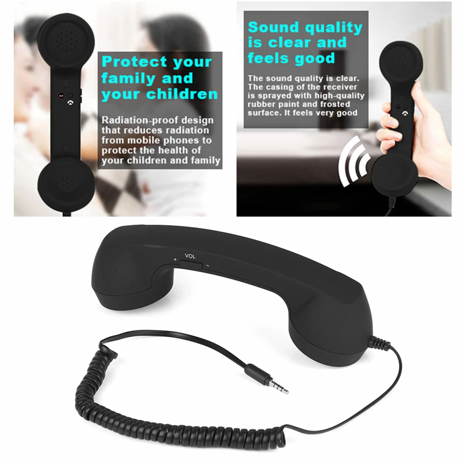 Auriculares retro de 3,5 mm, receptor de teléfono con cable y micrófono para teléfono móvil, color negro