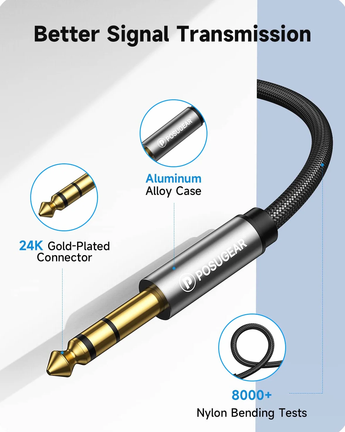 POSUGEAR Cable de 6.35mm a 3.5mm - 2M, Nylon Trenzado 3.5mm a 6.3mm Cable Audio Estéreo HiFi Macho a Macho para Reproductores de MP3, PCs, Amplificadores, Mesas de Mezclas, Ordenadores- 2M