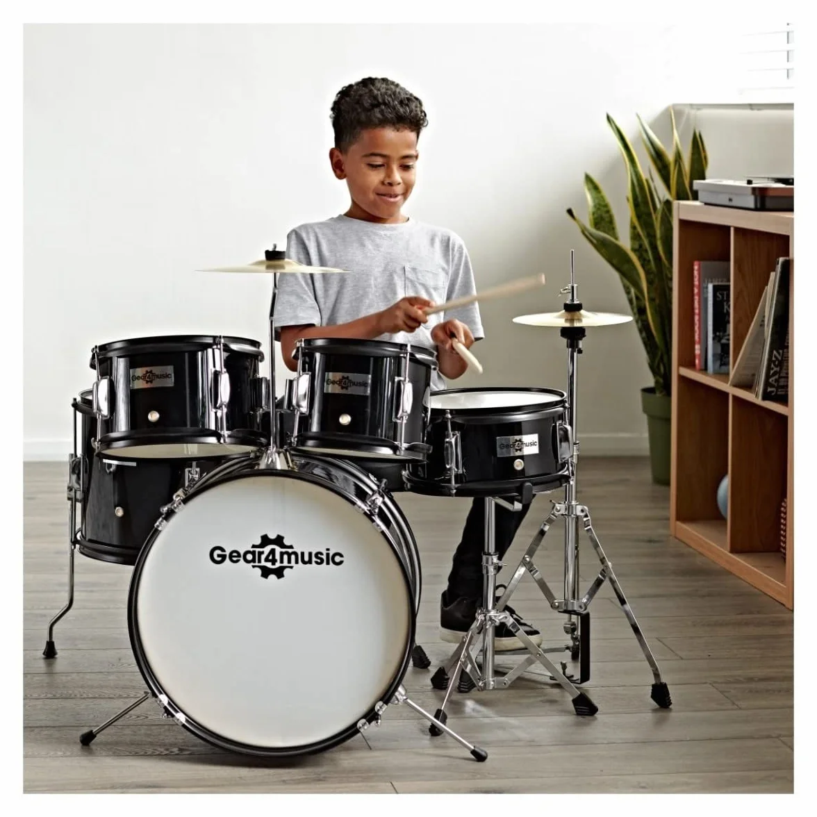 Acoustic Junior Drum Kit Negro 5-Piezas Kid Drum Set para niños de 5-10 años con Snare, Bajo, Tom, platillos